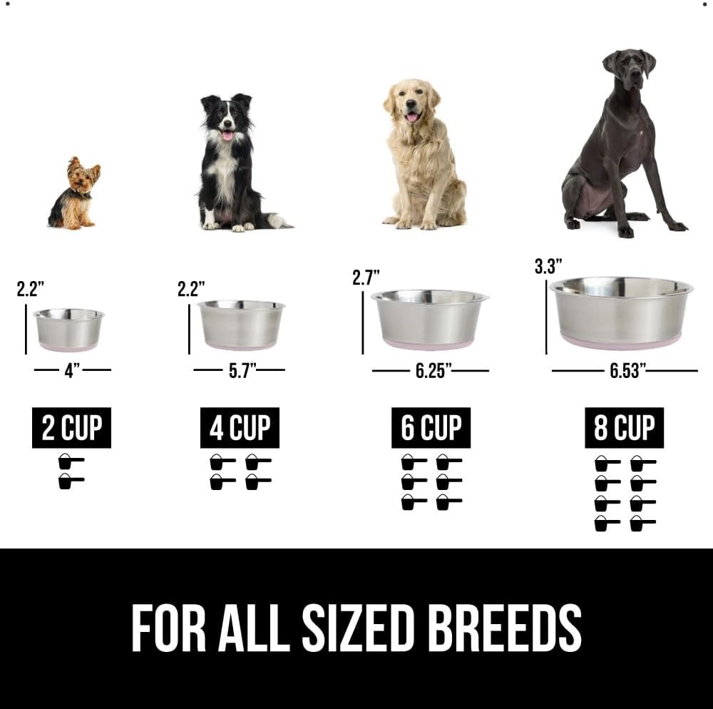 GORILLA GRIP Set of 2 Dog Bowls, Holds 8 Cups (64 fl oz), Heavy Duty Metal Food and Water Bowl for Feeding Dogs and Cats, Dishwasher Safe, Rust Resistant Stainless Steel, BPA Free Rubber Base, Lt Pink
