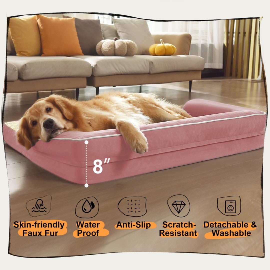 Large Dog Bed Orthopedic Washable - Couch Sofa - XXL Large Big Dogs - Beds Bolster Pet - Memory Foam - Waterproof with Removable Cover - Pink Dog Bed