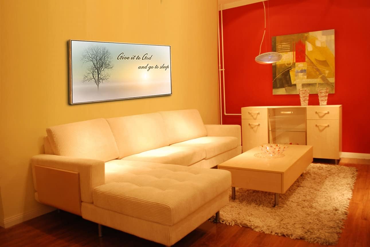 Lasdel Natural Extra Framed Wall Art of Misty Sunset & Tree Plant Picture For Bedroom Home Above Bed,Large White Country Wood Sign For Bathroom,Give It To God & Go to Sleep Artwork Decor,24x48