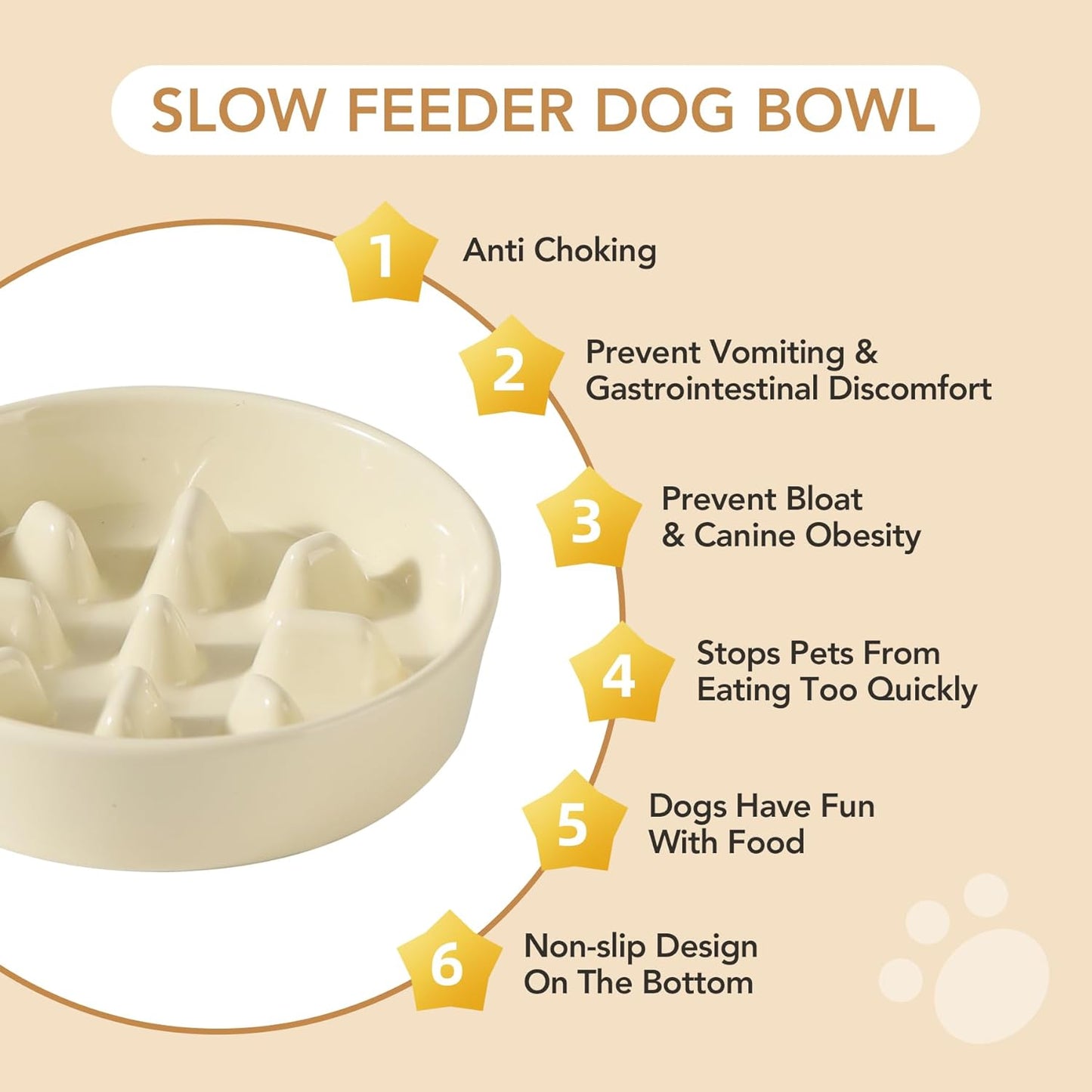 6.1inch Ceramic Dog Raised Slow Feeder Set, Elevated Bowl with Wooden Stand for Small Dog, Pet Slow Feeder Dish for Fast Easters, Preventing Choking (Beige, Single Bowl+ Stand)