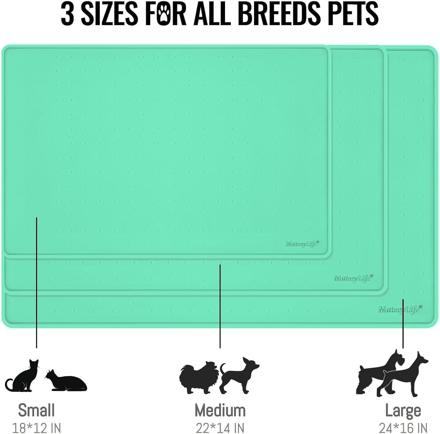 MateeyLife Dog & Cat Food Mat - Waterproof, Nonslip, Raised Edges, Silicone Tray for Messy Drinkers, 24"x16", Mint Green
