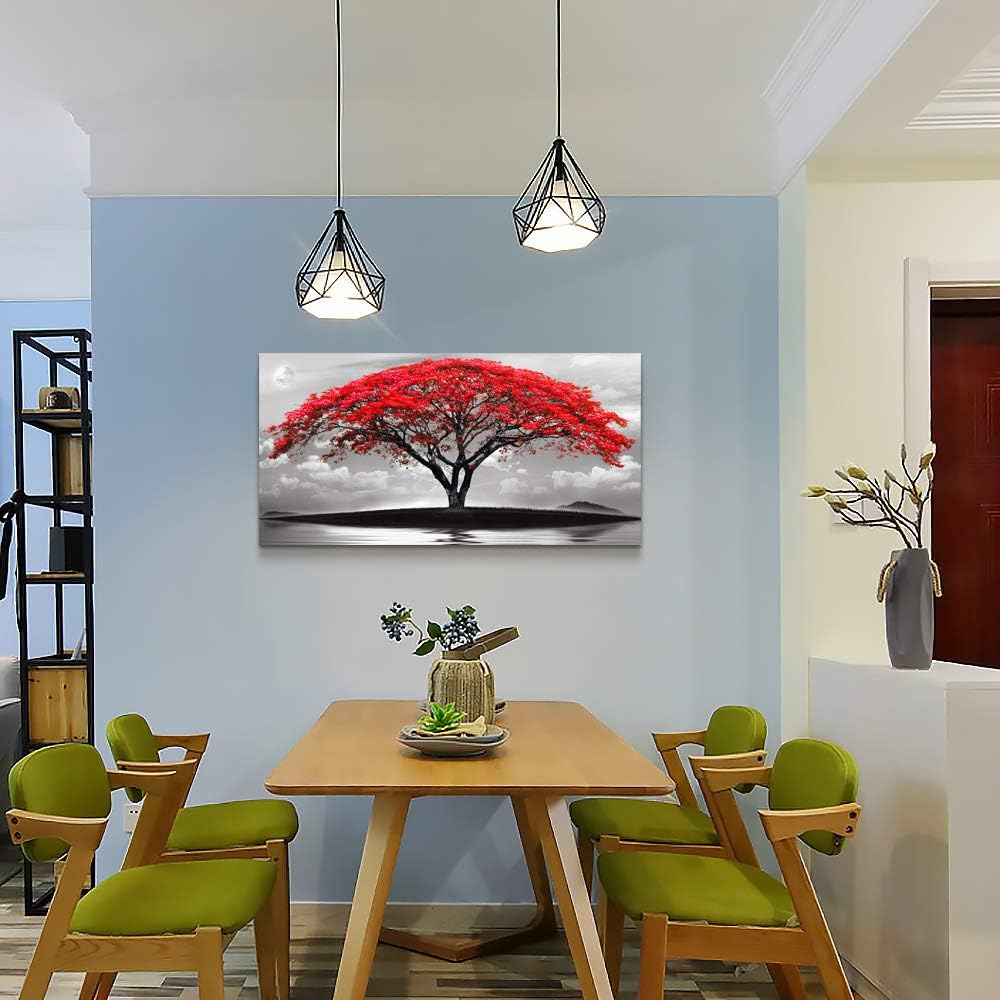 canvas wall art for living room bathroom Wall Decor Black and white landscape red tree moon scenery Hang painting Home Decorations for office bedroom kitchen Works canvas Prints pictures 20" x 40"inch