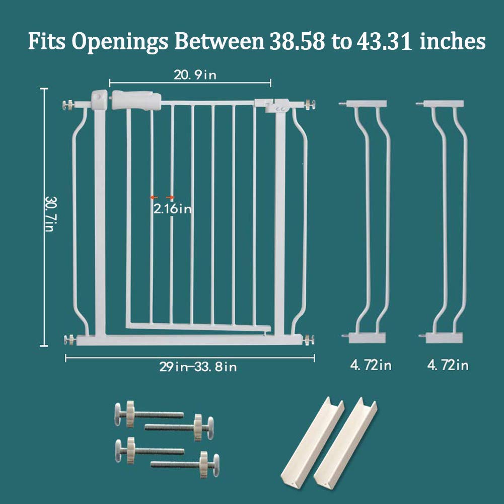 ALLAIBB Extra Wide Pressure Mounted Baby Gate Walk Through Child Kids Safety Toddler Tension White Long Large Pet Dog Gates with Extension for doorways Kitchen (38.58-43.31"/98-110cm)