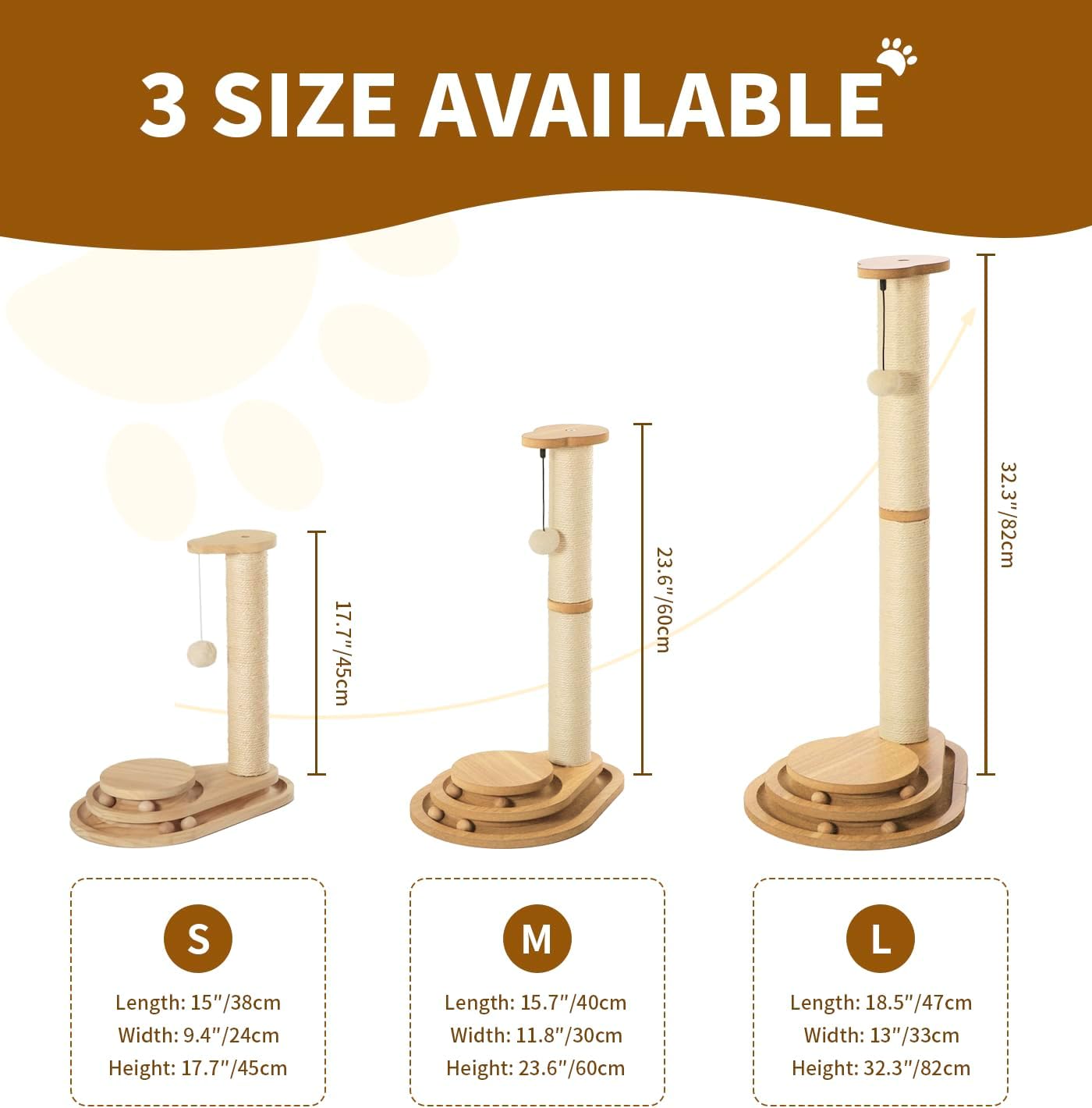 Made4Pets Cat Scratching Post Cat Scratcher Kitten Toys for Indoor Cats Wooden Ball Track Two-Layer Modern Sisal 23.4" Tall Scratch Post Interactive Toy with Dangling Ball Middle Size