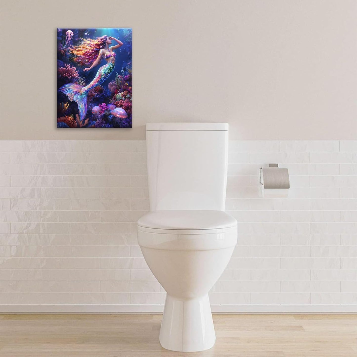 Sea Mermaid Bathroom Pictures Wall Art, Ocean Mermaid Bathroom Wall Decor, Aesthetics Framed Painting Canvas Artwork for Bedroom Living Room Decorations 16"L x 12"W