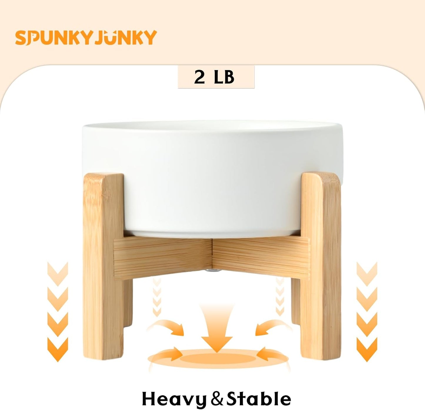 SPUNKYJUNKY Ceramic Elevated Dog Bowls 2 Pack - 6.1inch Raised Dog Bowls with Non-Slip Wooden Stand for Medium Dogs Dishwasher Safe(White,28.7OZ*2)