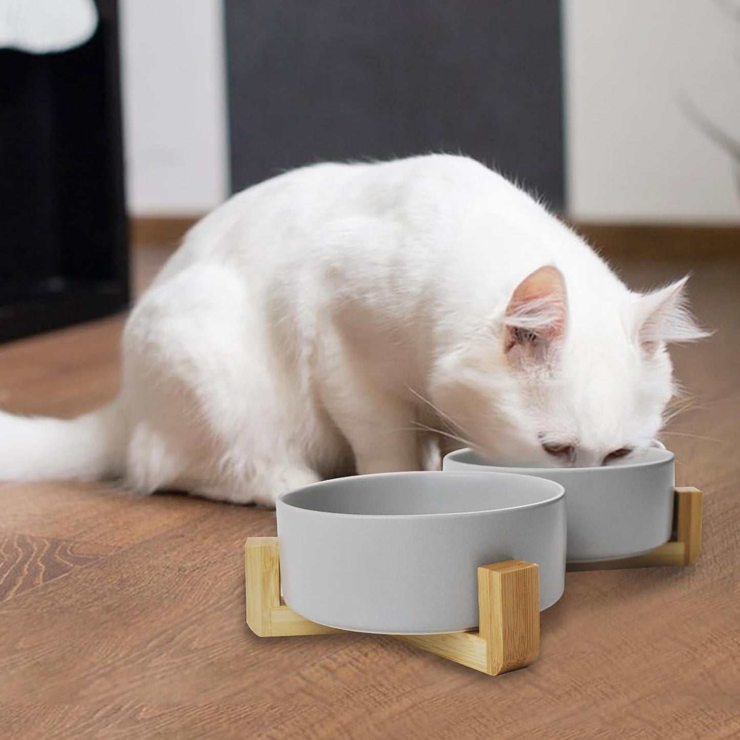 Ceramic Cat Bowls with Bamboo Stand,Non-Slip Small Dog Food and Water Bowl Set Non-Spill Cats Feeder Dish Modern Cute Weighted Cat Dishes for Small Dogs Puppy Cats Kitten(Grey)