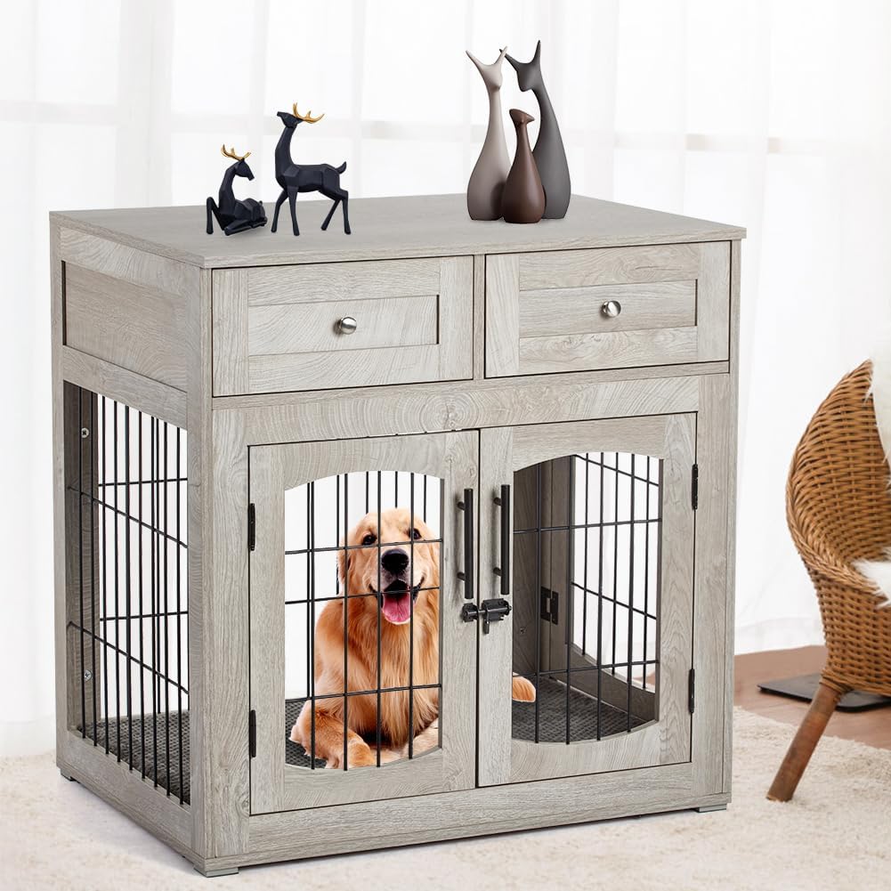 Dog Crate Furniture for Large Dogs, Wooden Dog Kennel Indoor with Double Doors, Dog Cage with Cushion & Drawers, Dog House Side End Table for Large Medium Dogs up to 70 lb, 39.4” L, Grey