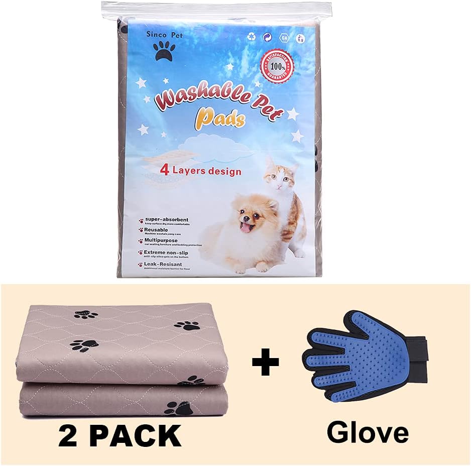 SincoPet Washable Dog Pee Pads with Puppy Grooming Gloves,Puppy Pads,Reusable Pet Training Pads,Large ,Waterproof Pet Pads for Dog Bed Mat,Super Absorbing Whelping Pads,48x48 Inch (Pack of 2)