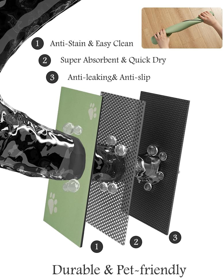 Pet Feeding Mat-Absorbent Dog Mat for Food and Water Bowl-No Stains Quick Dry Water Dispenser Mat-Dog Accessories Pet Supplies-Bowl for Messy Drinkers(Green,17"x28"