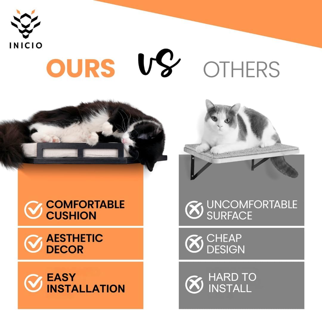 INICIO Cat Wall Shelves - Modern and Durable 3 Step Cat Furniture for Wall - Stylish Birch Floating Shelf for Cats up to 15lbs - Wooden Corner Shelves with Cushioned Perch - Black