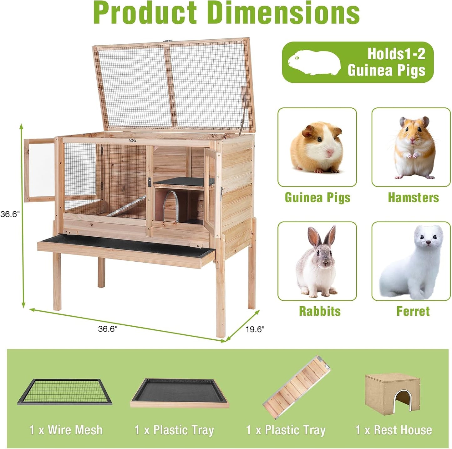GUTINNEEN Wooden Rabbit Hutch Bunny Cage Guinea Pig Cage with Legs for Indoor & Outdoor, 2-Story Small Animal Cage with Leakproof Pull-Out Tray for Bunnys, Guinea Pigs, Hamsters (Natural Wood)