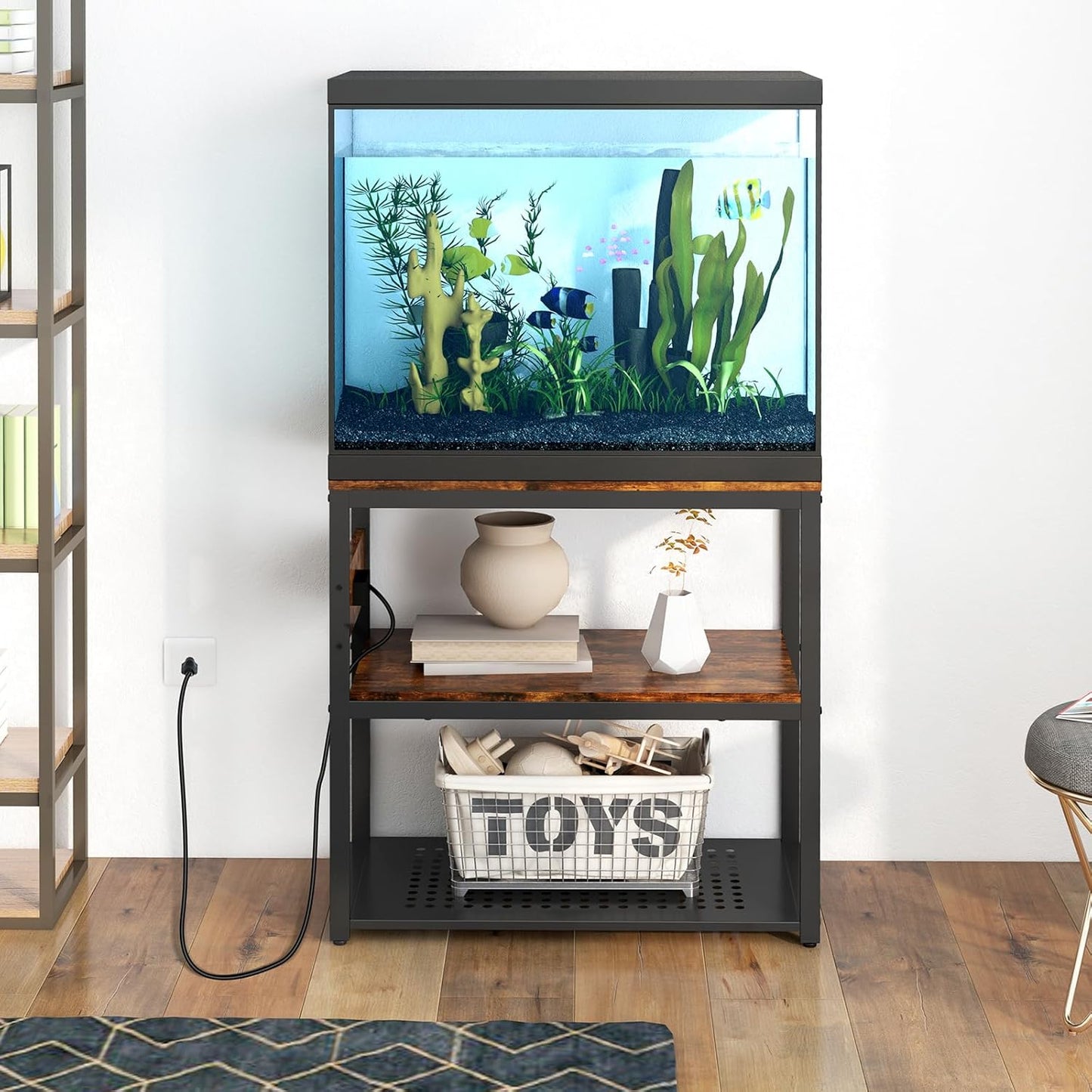 20-29 Gallon Fish Tank Stand With Power Outlets, 3-Tier Metal Aquarium Stands, Breeder Reptile Tank Stand with Shelf for Home Office, 660LBS Capacity, 29.5 x 15.8 x 30.1 inches, Brown