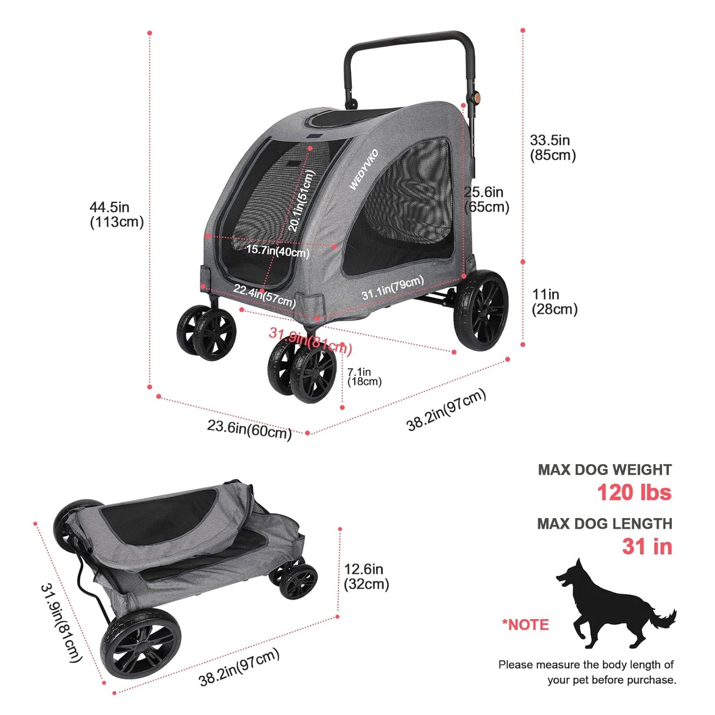 Large Dog Travel Stroller with 4 Heavy Duty Wheels Pet Stroller with Adjustable Handle - Double Doggie Capacity Jogger Wagon with Back Front Door for Small Medium Large Dogs (Dark Light Gray)