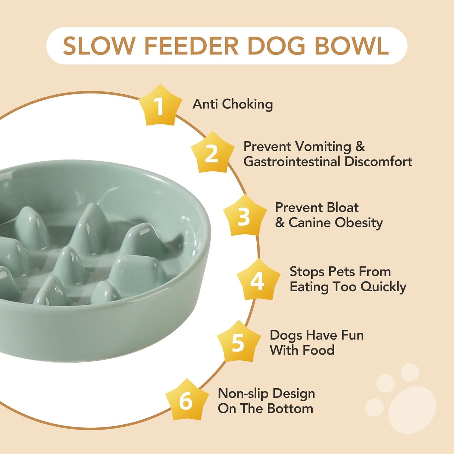 6.1inch Ceramic Dog Raised Slow Feeder Set, Elevated Bowl with Wooden Stand for Small Dog, Pet Slow Feeder Dish for Fast Easters, Anti-Gulping(Light Green, Single Bowl+ Stand)
