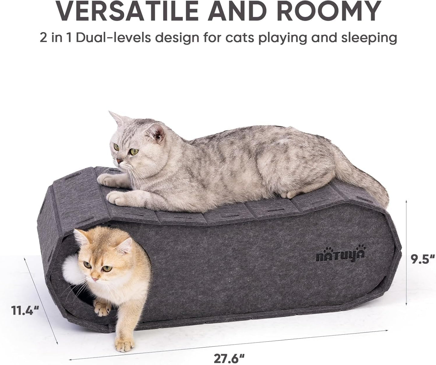 NATUYA Cat Bed Cave for Indoor Cats, Large Cat Lounge Cave Bed with Toy Ball, Enclosed Scratch Resistant Detachable Felt Cat Hideaway Bed for Cats up to 22 Lbs