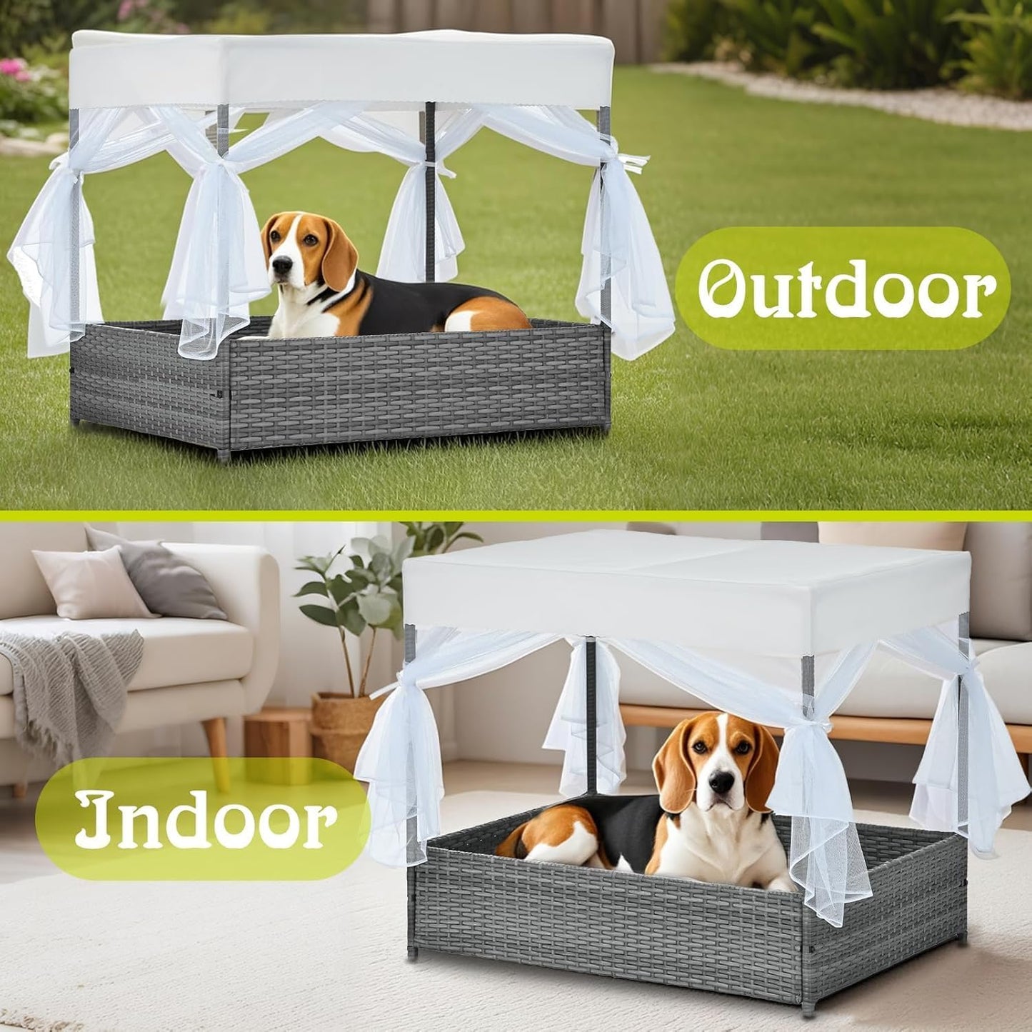 Wicker Dog House Outdoor Indoor with Canopy, Weatherproof Outside Dog Shelter Bed with Cushion, 4Sided Mesh Windows, Pet House Tent Shade for Small Medium Dogs, Rattan Dog Cot for Patio Yard Gray