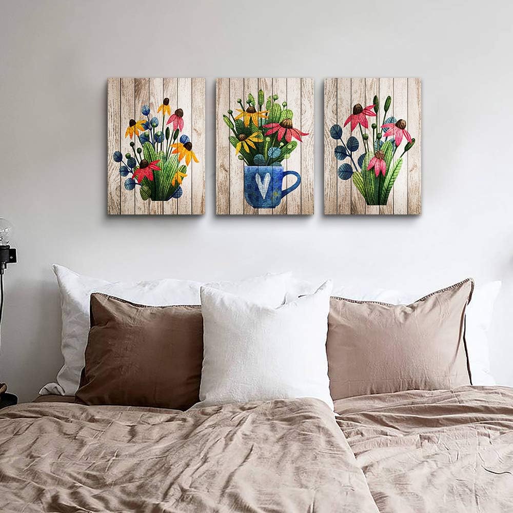Canvas Wall Art For Kitchen Wall Decoration For Living Room Wall Decor For Bedroom Room Decor Vintage Wood Grain Plant Flowers Wall Painting Office Wall Pictures Artwork Home Decor 16" X 24" 3 Piece