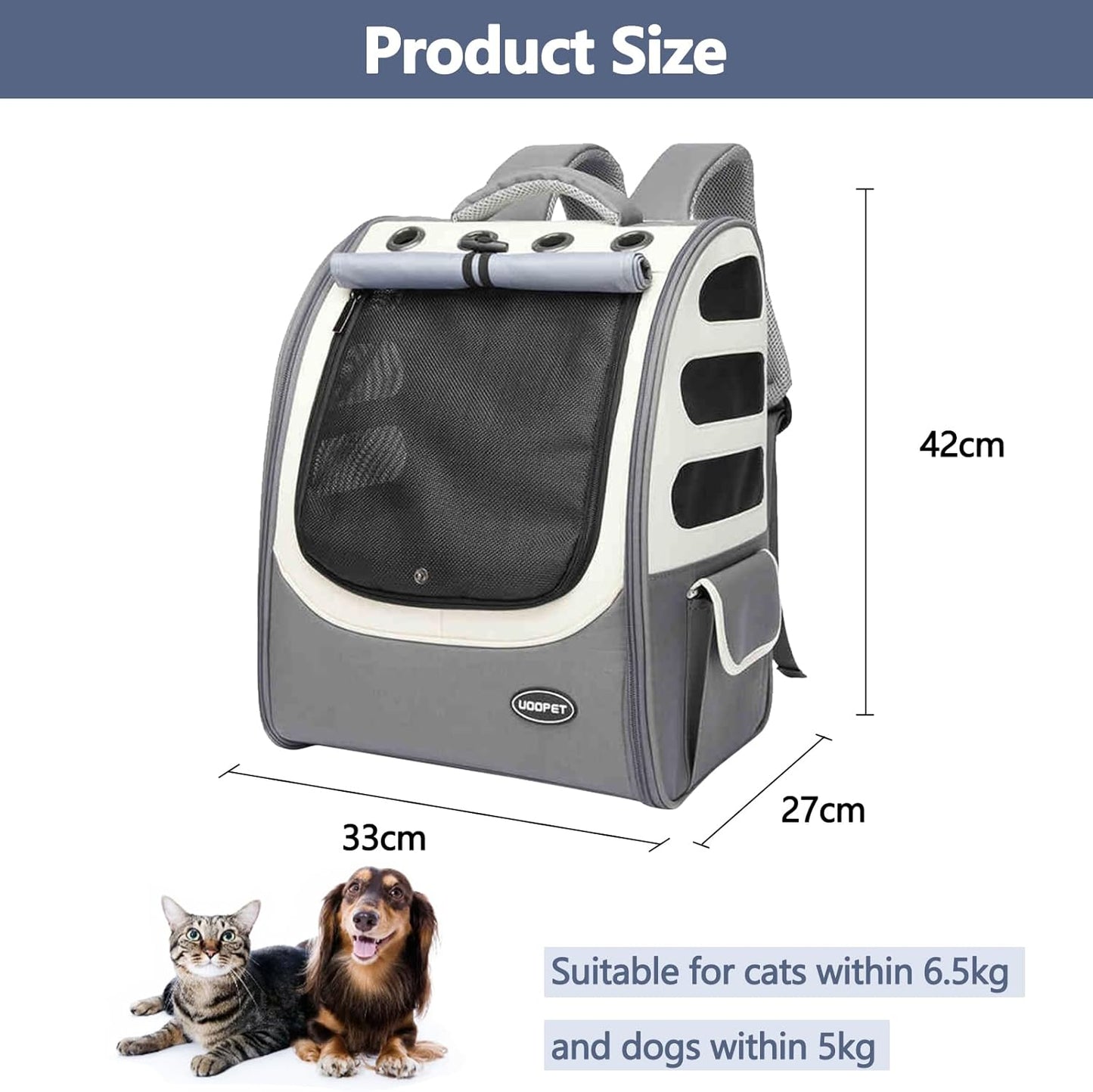 Dog Backpack, Ventilated Pet Hiking Backpack Travel Bag, Airline Approved Cat Backpack for Travel, Hiking, Outdoor Use(Gray)