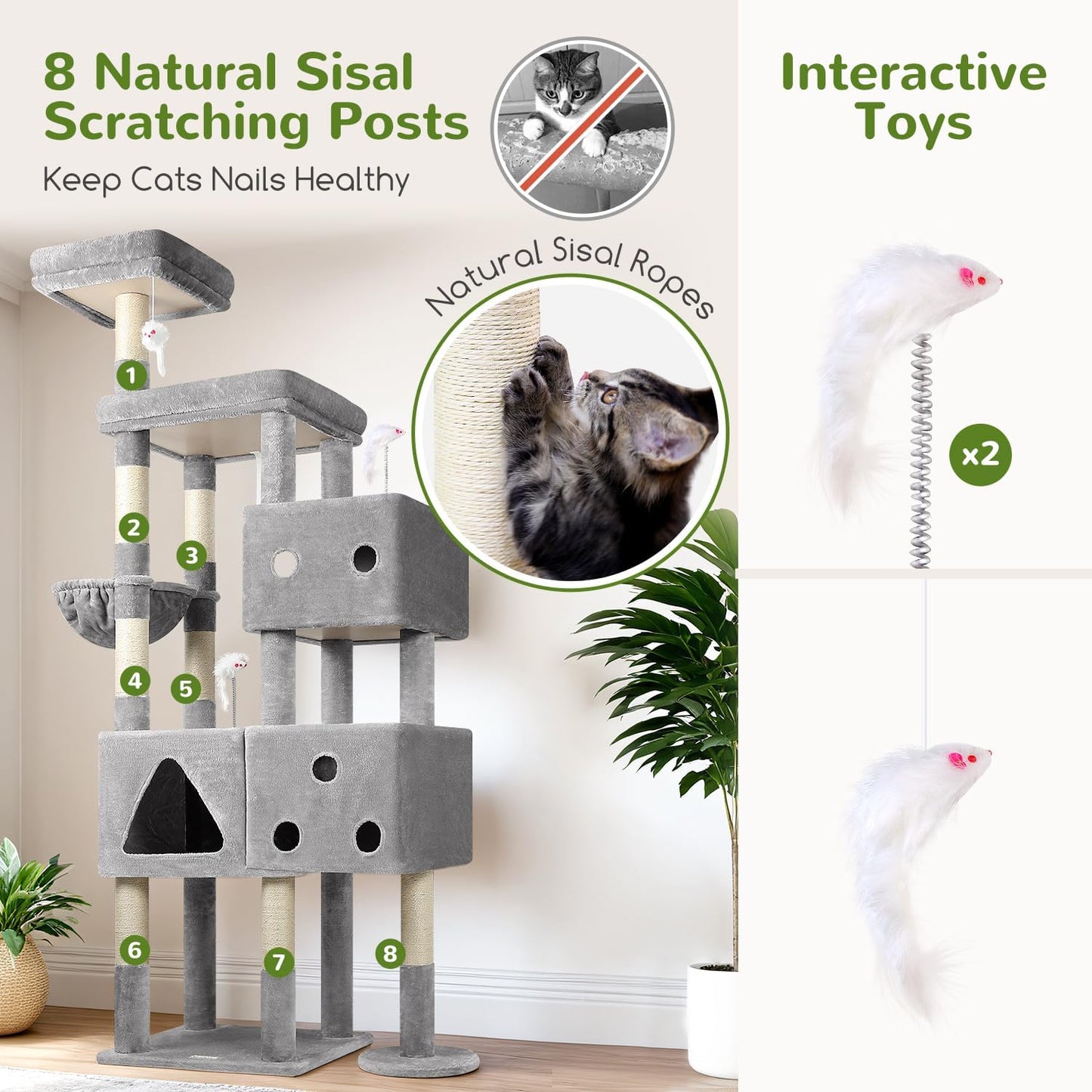 Globlazer Extra Large Cat Tower, 81-inch Tall Cat Tree for Big Cats 20 lbs, XXL Heavy Duty Cat Scratching Tower for Indoor Adult Cats with 3 Cat Condos, 8 Scratching Posts, F81, Light Grey