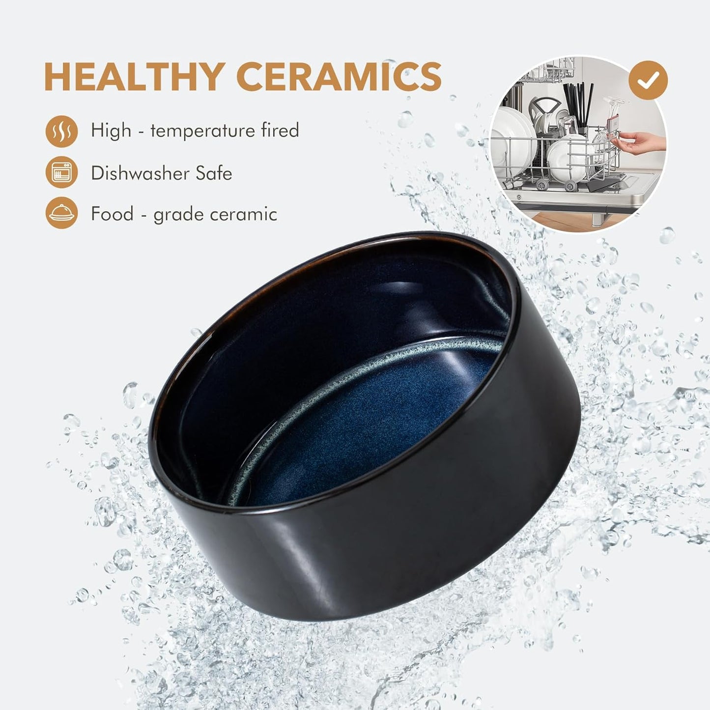 Ceramic 5.1inch Raised Double Bowls Set with Acacia Wood Stand, 2 Heights Elevated, Food & Water Bowls for Puppy, Kitty, Cats(13.5oz, Starry Sky)