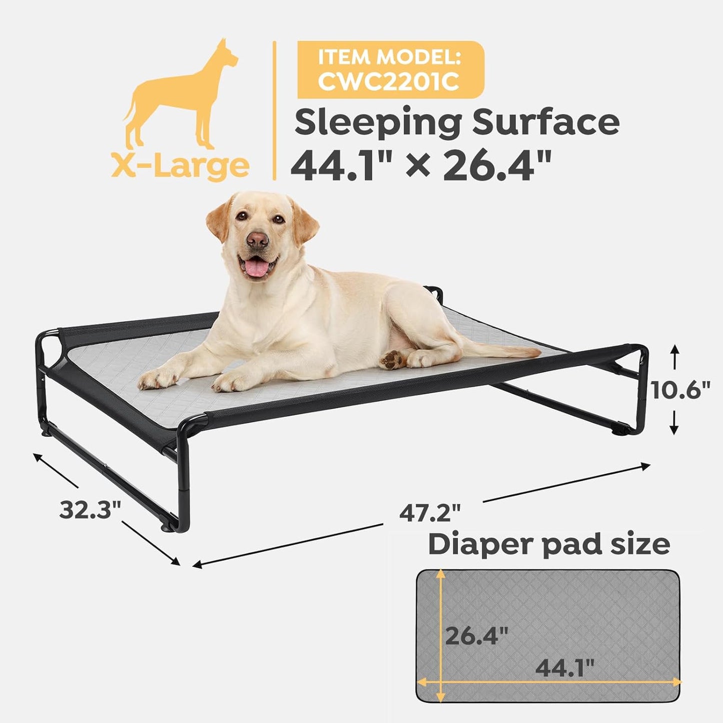 Veehoo Original Outdoor Elevated Dog Bed, Cooling Raised Dog Cot for Large Dogs, Portable Standing Pet Hammock Platform with Washable Breathable Mesh, No-Slip Feet, 47" x 32", Black