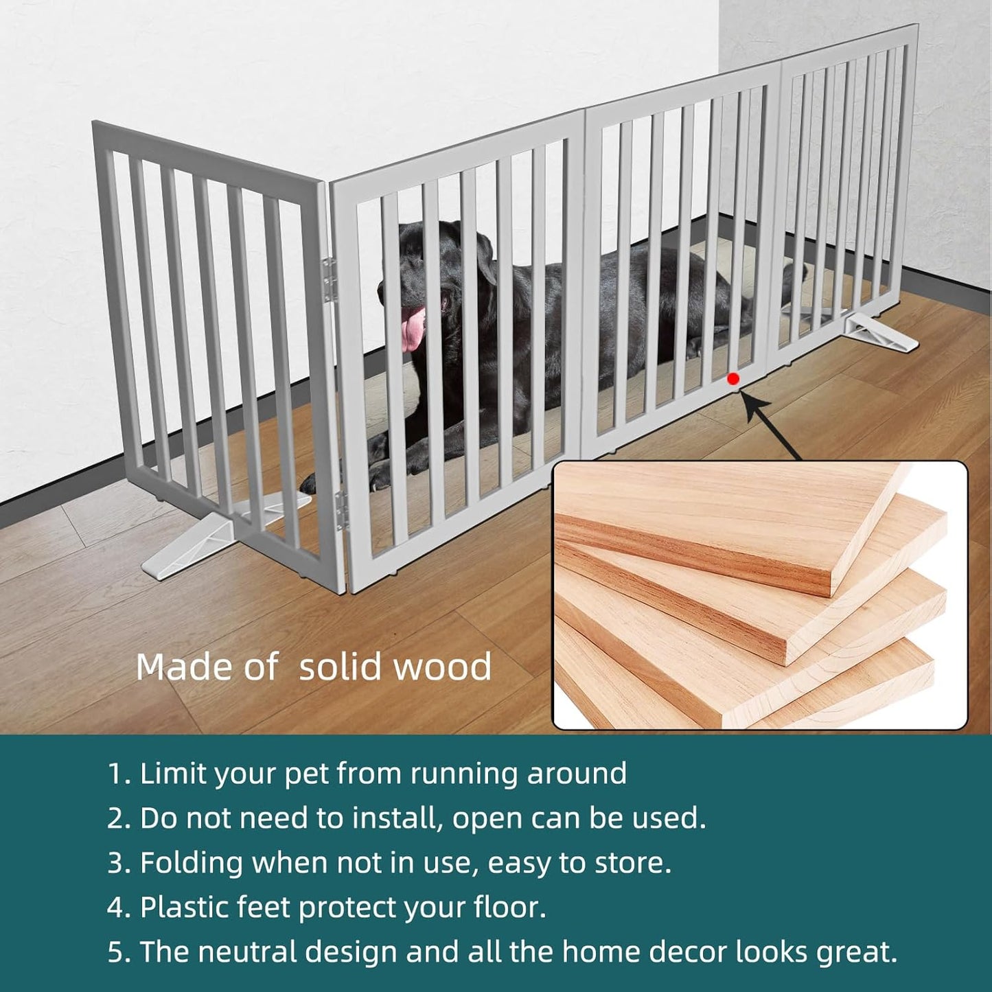 ZJSF Freestanding Indoor Dog Gate for House Foldable Wood Puppy Gate for Doorways Pet Gate for Stairs Extra Wide Pet Fence, Grey, 32" Height 4 Panels