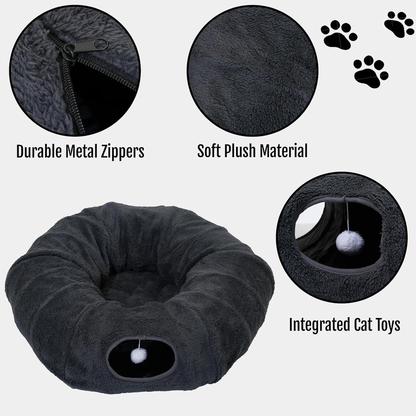 R1M Cat Tunnel Bed for Indoor Cats, Cute Cat Donut Tunnel Toys for Small, Larger Cats with Two Fish Cat Toys, Round Pet Peekaboo Cave Toy for Kitten, Dark Grey