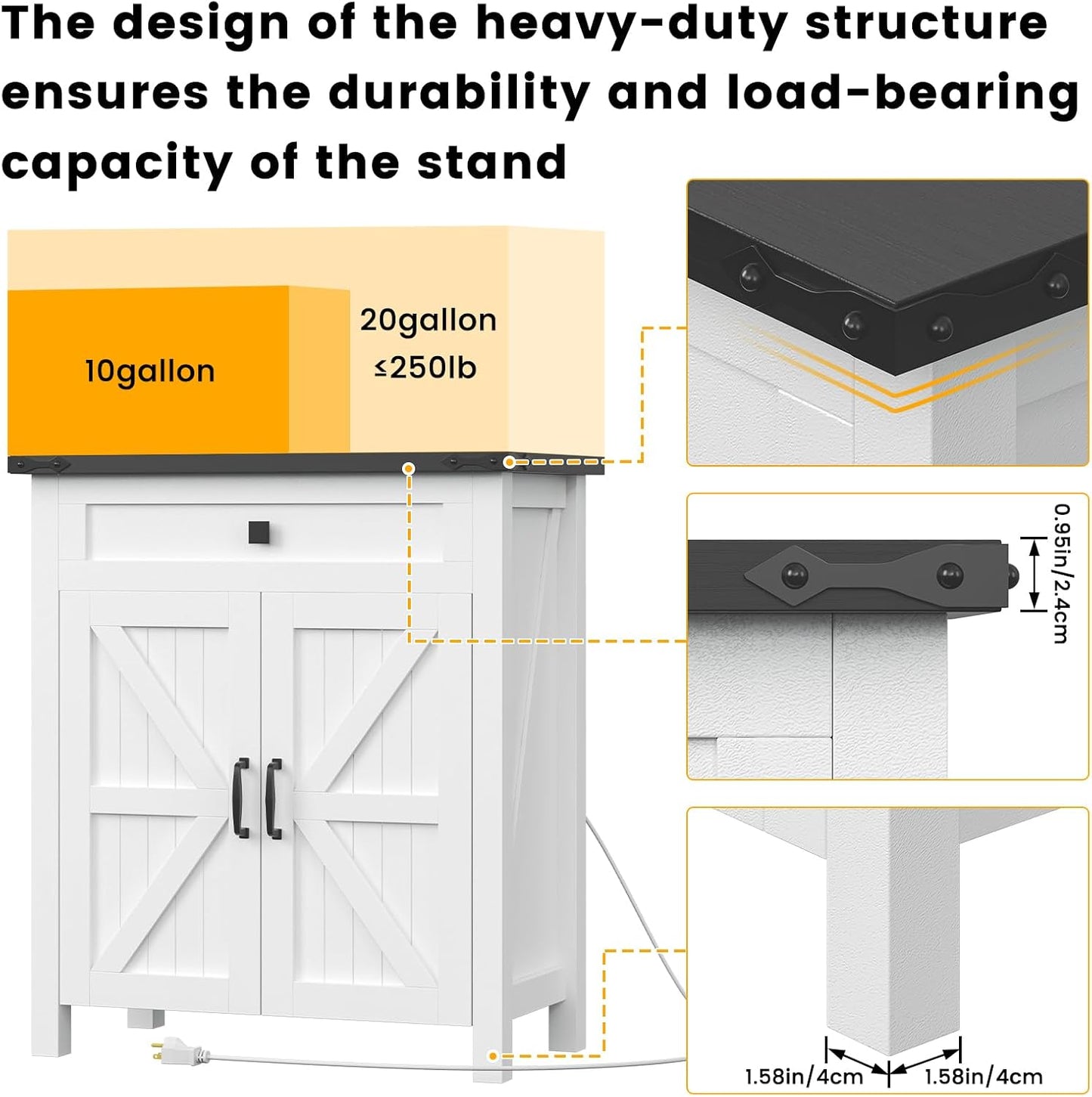 Suadism 20 Gallon Aquarium Stand With Charging Station, Farmhouse Fish Tank Stand, Reptile and Terrarium Stand with Drawer and Cabinet Storage, Sturdy Heavy Duty 27.6"15.7" - White