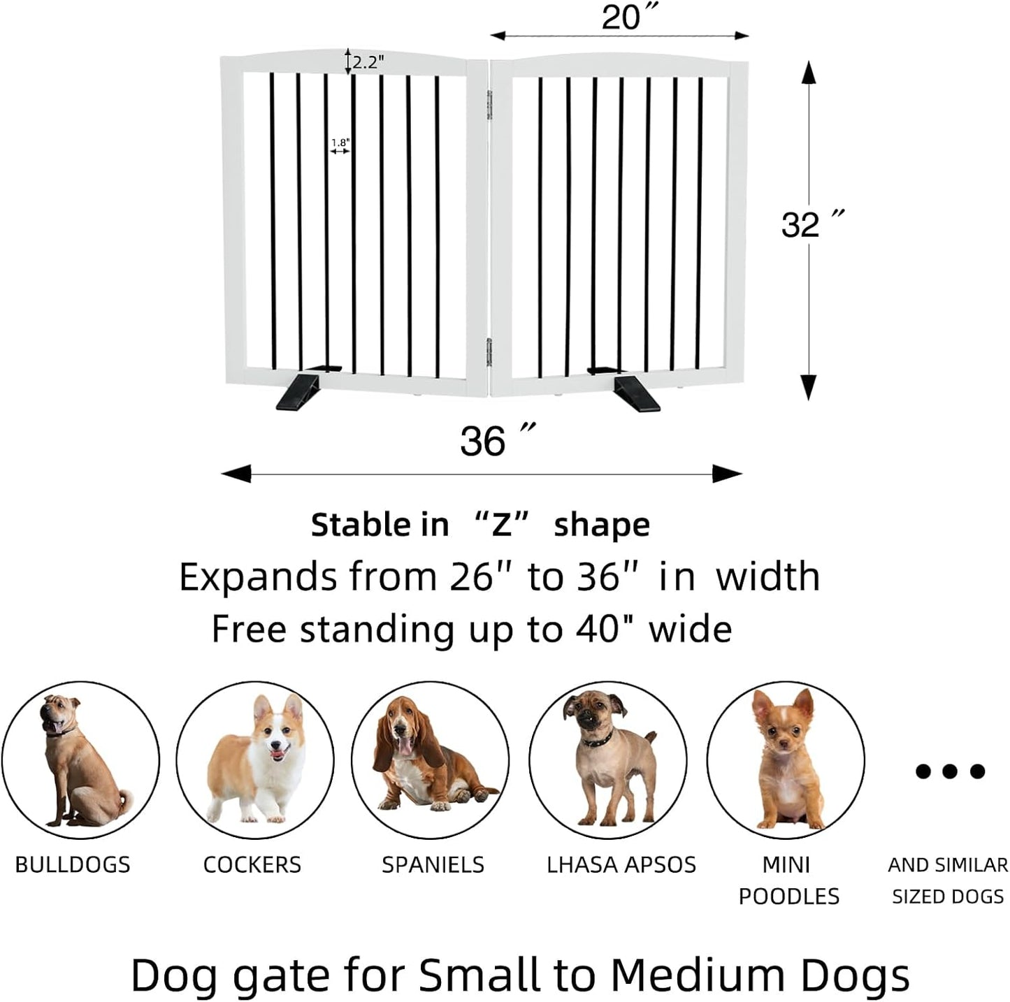 Freestanding Panel Dog Gate for Indoor, Doorways,Stairs, or Hallways,Foldable Wooden Dog Gates for House,Pet Gate for Dogs,Dog Fence, Puppy Gate,Support Feet Included,32 "Height-2 Panels,White