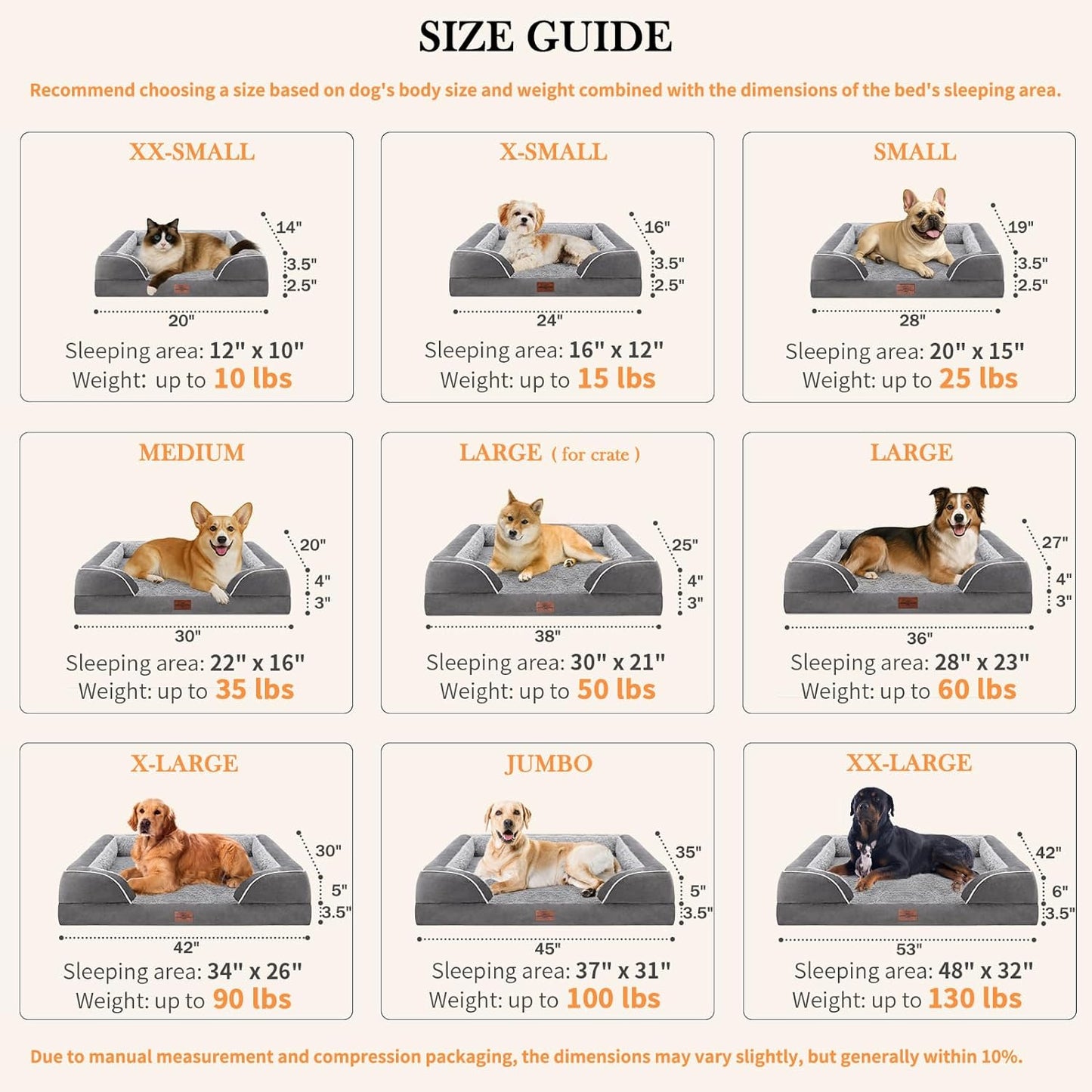 Comfort Expression Large Dog Beds Waterproof Orthopedic Foam Dog Beds for Large Dogs Sofa Comfy Pet Bed with Washable Removable Cover & Non-Slip Bottom(Grey)