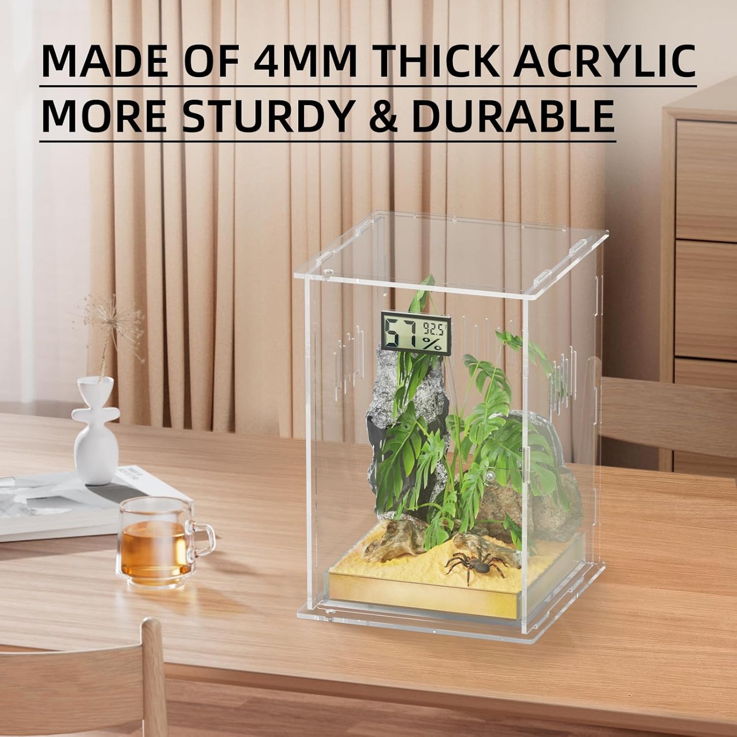 Reptile Terrariums with Temperature Hygrometer, 5.9"x5.9"x9.8" Acrylic Breeding Box Terrarium Cage Tank for Small Reptile Insect Home Office (Arboreal)