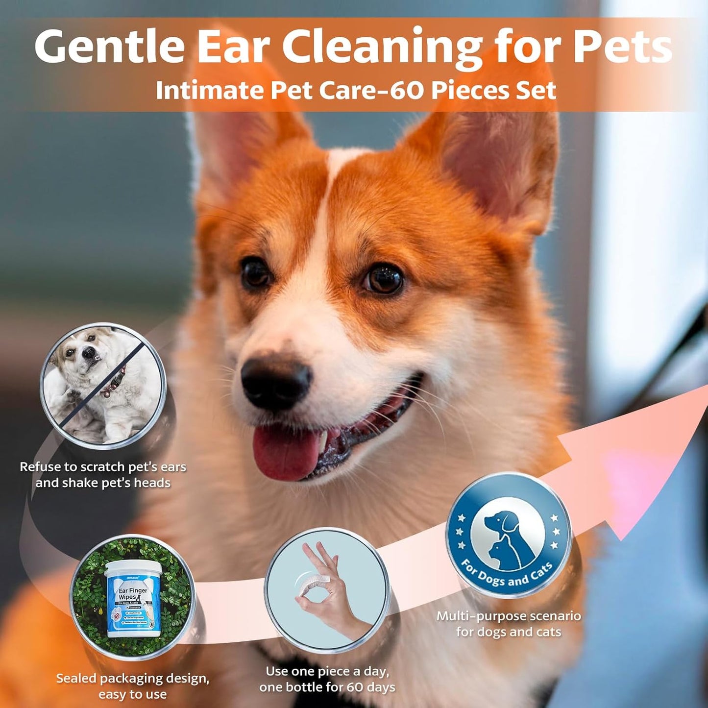 OBSEDE Dog & Cat Ear Wipes, 60 Count Finger Wipes for Gentle Cleaning & Itch Relief - Fresh Coconut Scent, Removes Wax & Odor – Daily Pet Grooming Supplies