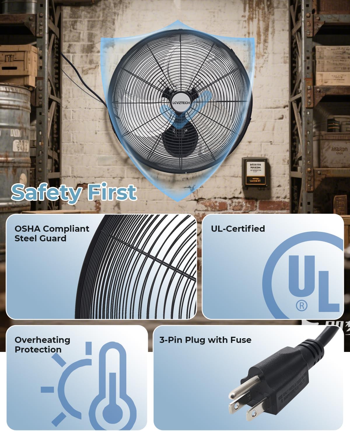 20 inch Wall Mount Fan Oscillating, 3-Speed 5500 CFM High Velocity Industrial Wall Mounted Fan, Heavy Duty Air Circulator for Garage, Shop, Gym, Workshop, Covered Patio - UL Listed