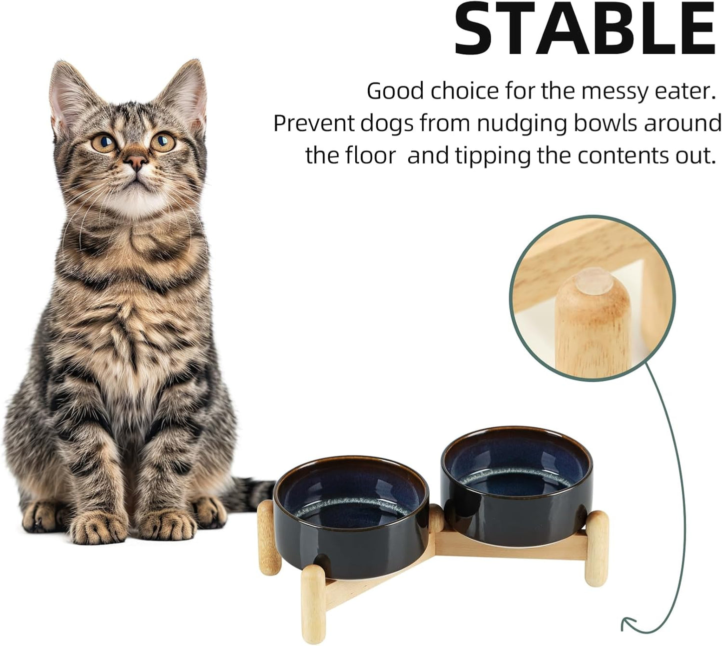 Ceramic 5.1inch Raised Double Bowls Set with Wooden Stand, Elevated Food & Water Bowls for Small Breed Dogs, Cats, Kitty, Weighted Dog Dishes, Pet Bowls(13.5oz, Starry Sky)