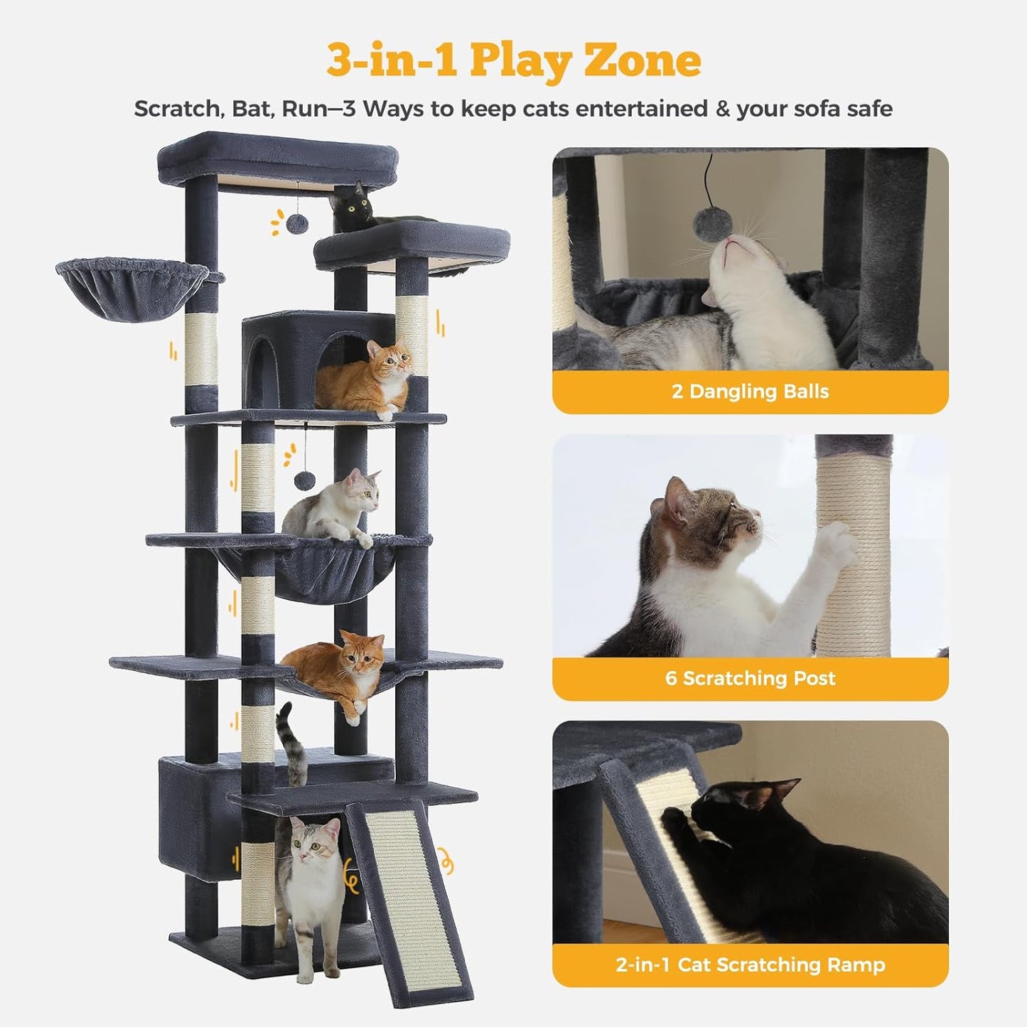 81" Heavy Duty Cat Tree for Large Cats up to 20lbs - Extra Tall Cat Tower with Metal Frame Hammock, 6 Sisal Scratching Posts, 2 Perches - Indoor Cat Furniture for Maine Coon, Dark Gray