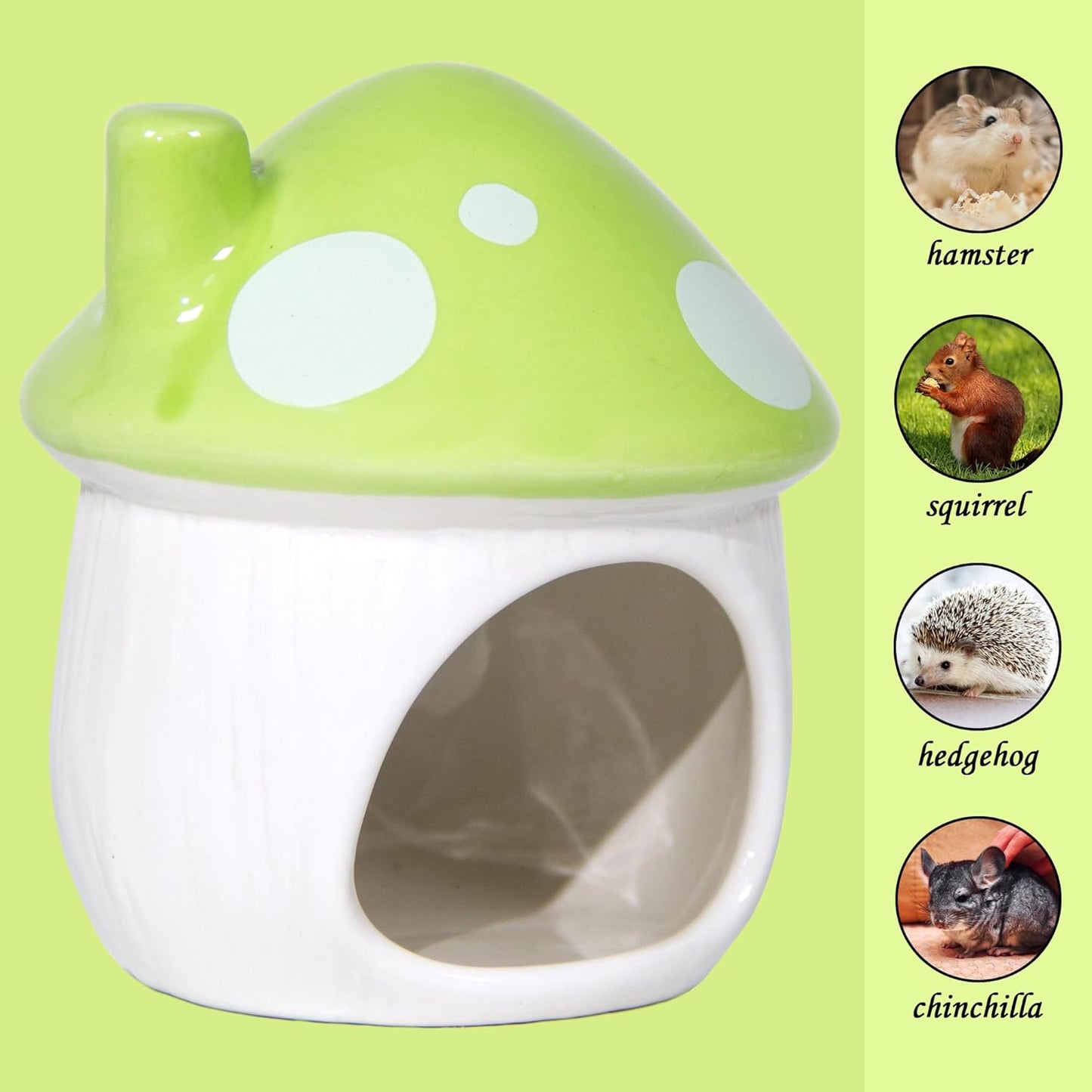 Ceramic Mushroom Hamster Hideout - Hamster Habitat for Hamsters Chinchillas Hedgehogs and Gerbils Mouse Small Pet Guinea Pigs House Hamster Bed (Green)