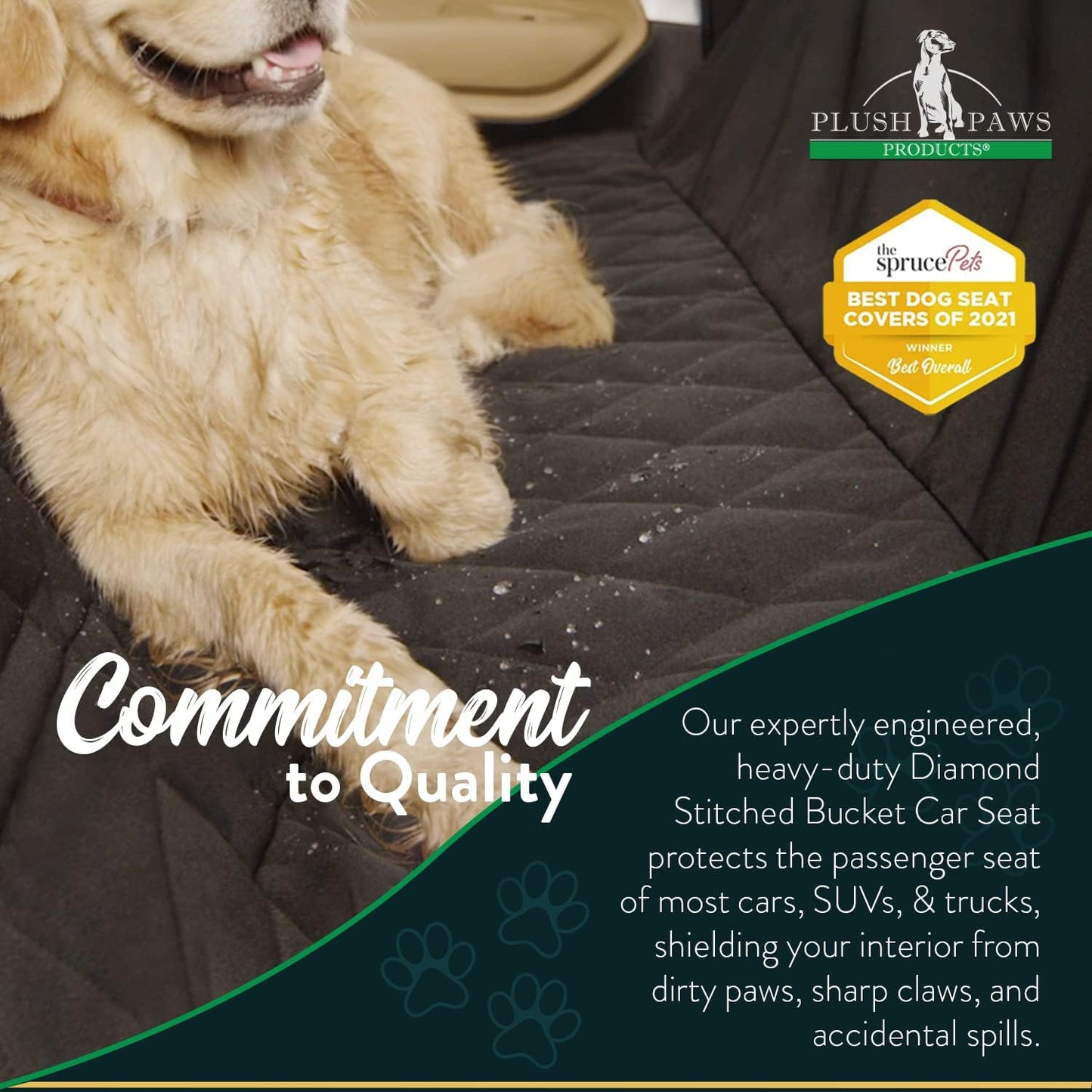 Plush Paws Products Premium Bucket Car Seat Protector | Diamond Stitching | Washable & Waterproof Front Seat Dog Cover Car, Truck, & SUV | Nonslip, Tear Resistant Pet Passenger Seat Cover | Black