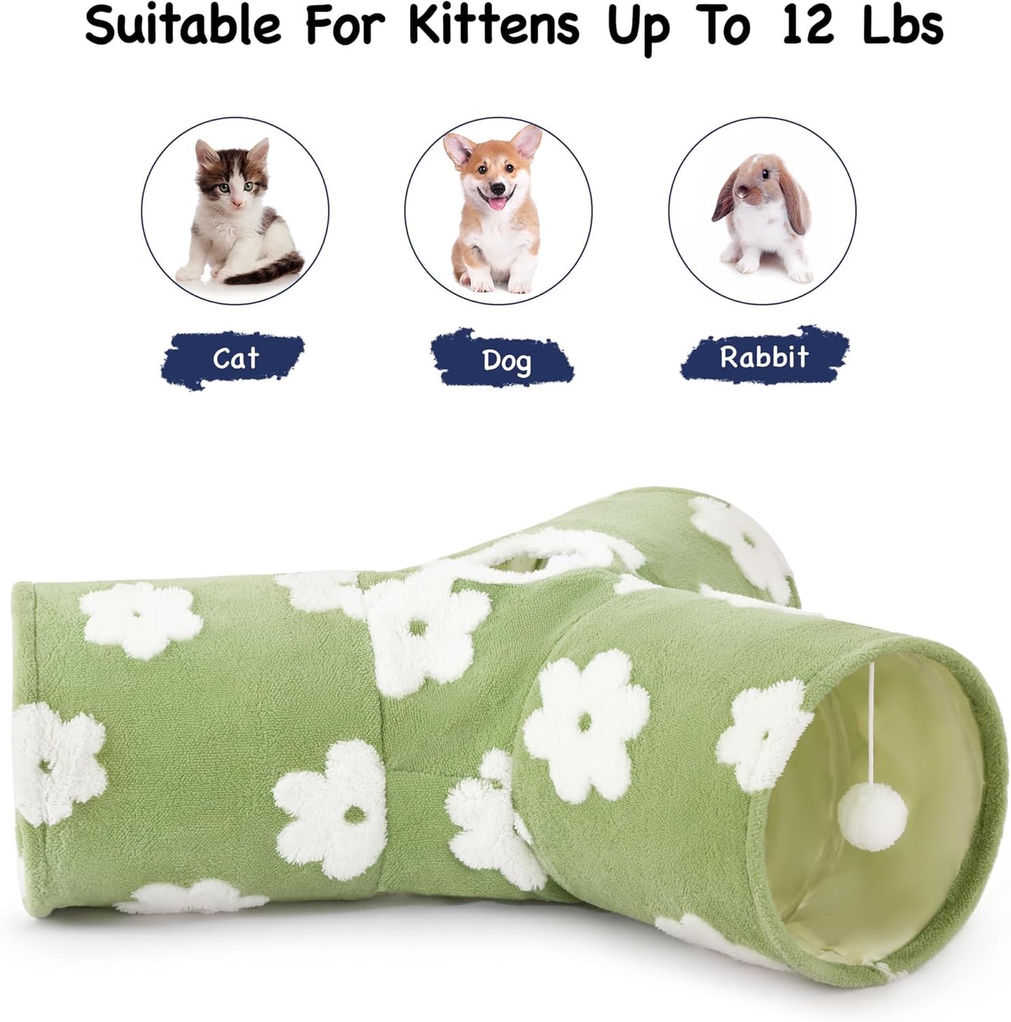 Tempcore Flannel Pet Cat Tunnel Tube Cat Toys 3 Way Collapsible, Cat Tunnels for Indoor Cats,Kitty Tunnel Bored Pet Toys Peek Hole Toy Ball Puppy, Kitty, Kitten, Rabbit Daisy Green