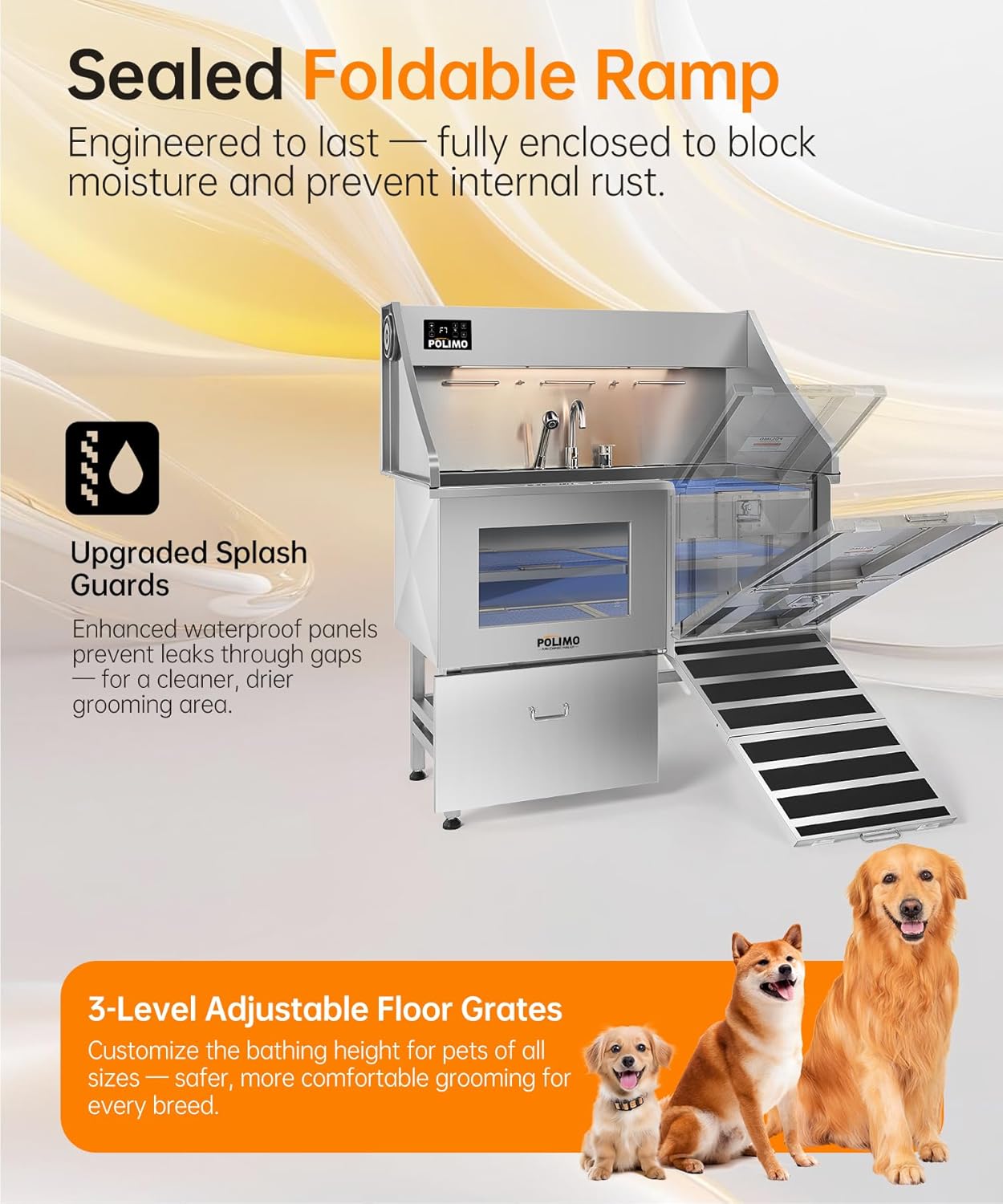 polimo Dog Wash Station with Pet Dryer & LED, Professional Dog Bathing Station for Large, Medium & Small Dogs – with Window, Ramp, Drawer, Floor Grate, LED Display & Faucet (Right RAMP & Dryer, 61")