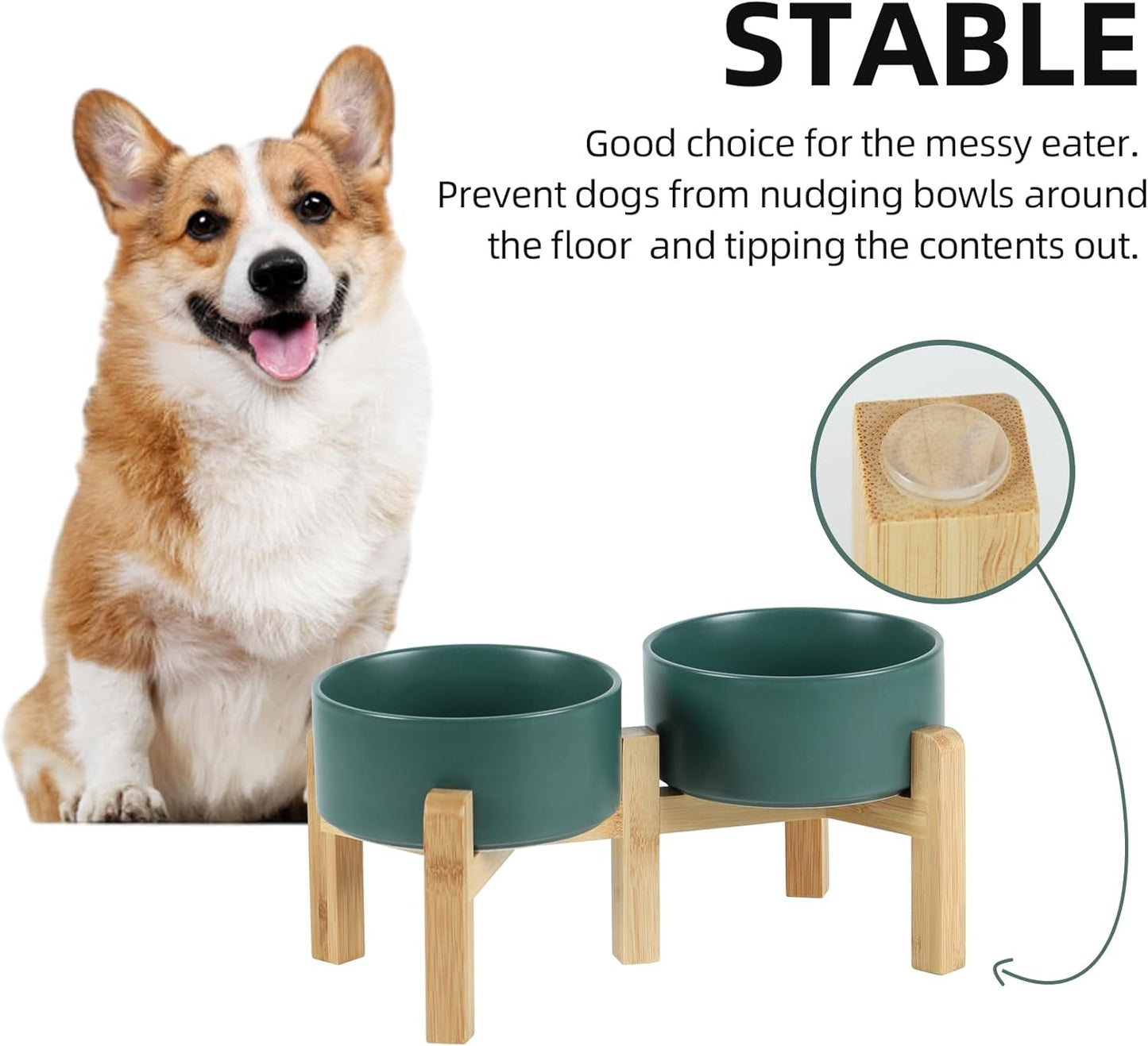 Ceramic Raised Double Bowls Set with Stand, 2 Heights Elevated, Food & Water Bowls for Small Breed Dogs, Weighted Dog Dishes, Pet Bowl(6.1'',28.7oz, Green)