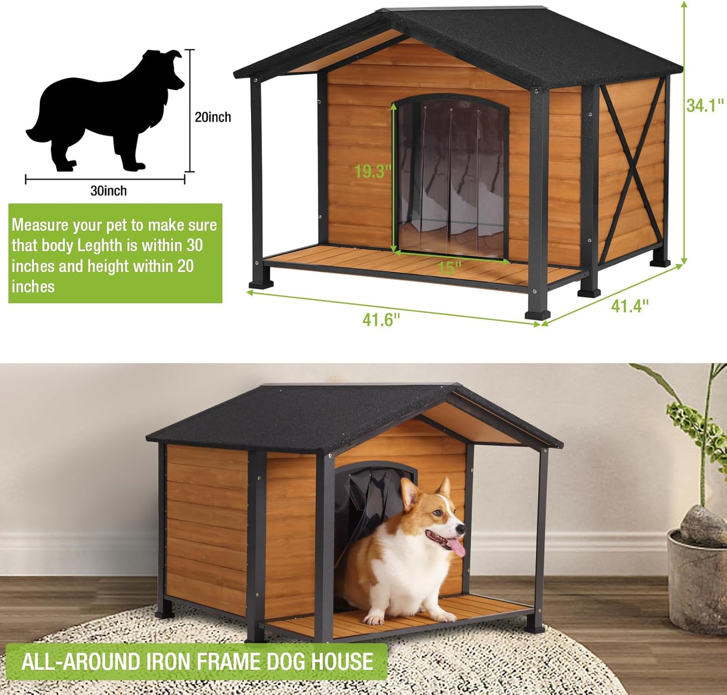 Dog House Outdoor & Indoor Unique All-Around Iron Frame Dog Kennel for Winter with Raised Feet for Small & Medium & Large Dogs,Weatherproof Roof (41.6 “L×41.4”W×34.1“H)
