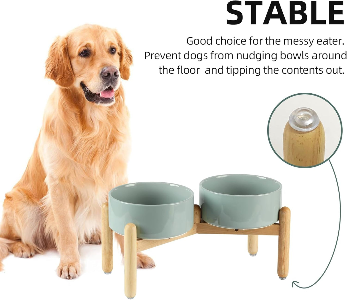 Ceramic 7.3inch Raised Double Bowls Set with Wooden Stand, Food & Water Bowls for Medium Breed Dogs, Weighted Dog Dishes, Pet Feeder(Light Green)
