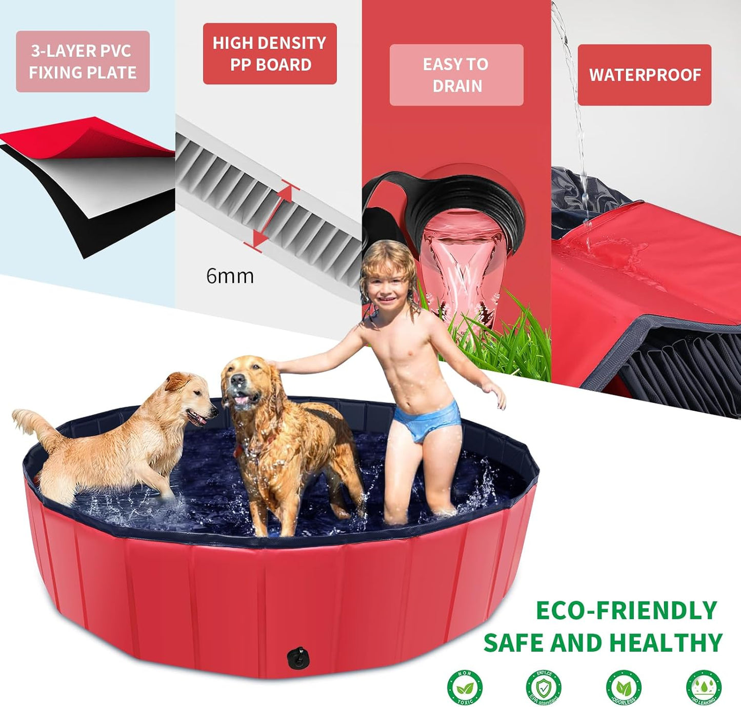 Foldable Dog Pool, 71" x 14" Large Kiddie Pool with Hard Plastic, Non-Slip Dog Bath Tub for Outdoor Backyard, Collapsible Dog Swimming Pool for Kids Dogs Pets (Red)