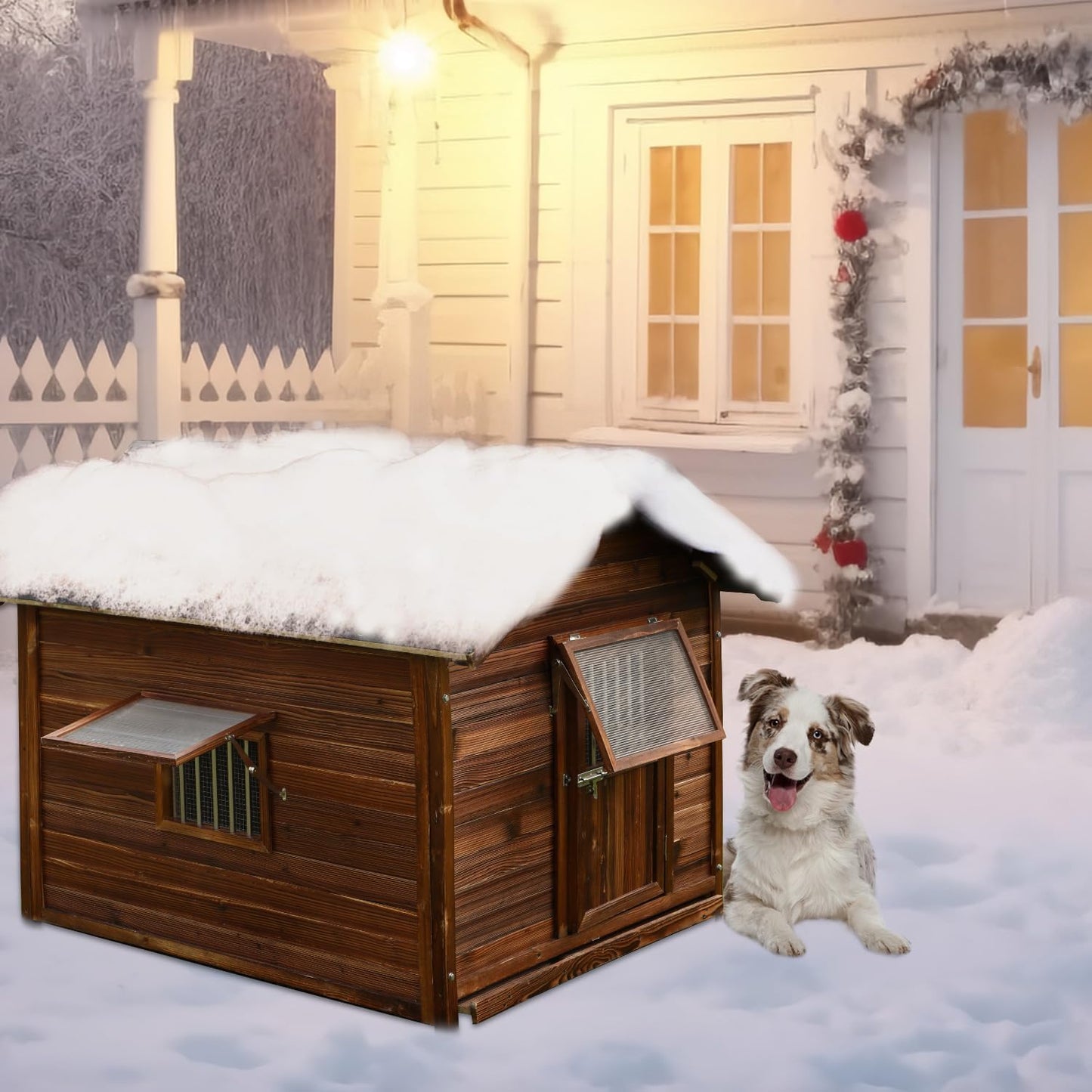 Outdoor Dog House, Natural Pine Wood Dog House with Elevated Floor, XL Outdoor Large Breed, XL-38.58''(D) X30.70''(W) X36.61''(H)
