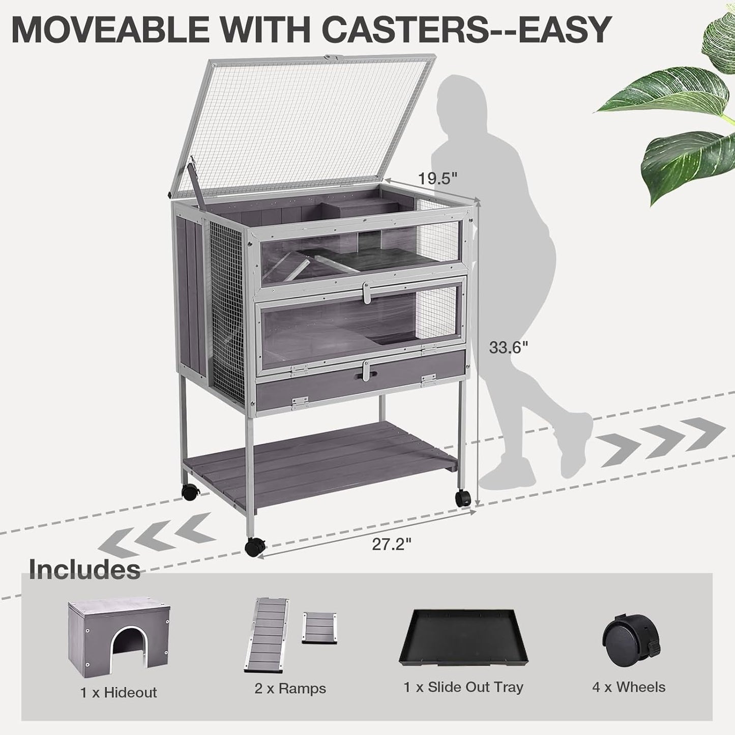 Guinea Pig Cage, Moveable Metal Frame Hamster Cage Anti-Chewing with Aluminium Alloy Edge, Hideouts, Ramps, Seesaws Chewing Toy, Deeper Pull-Out Leakproof Tray for Indoor Outdoor(White)