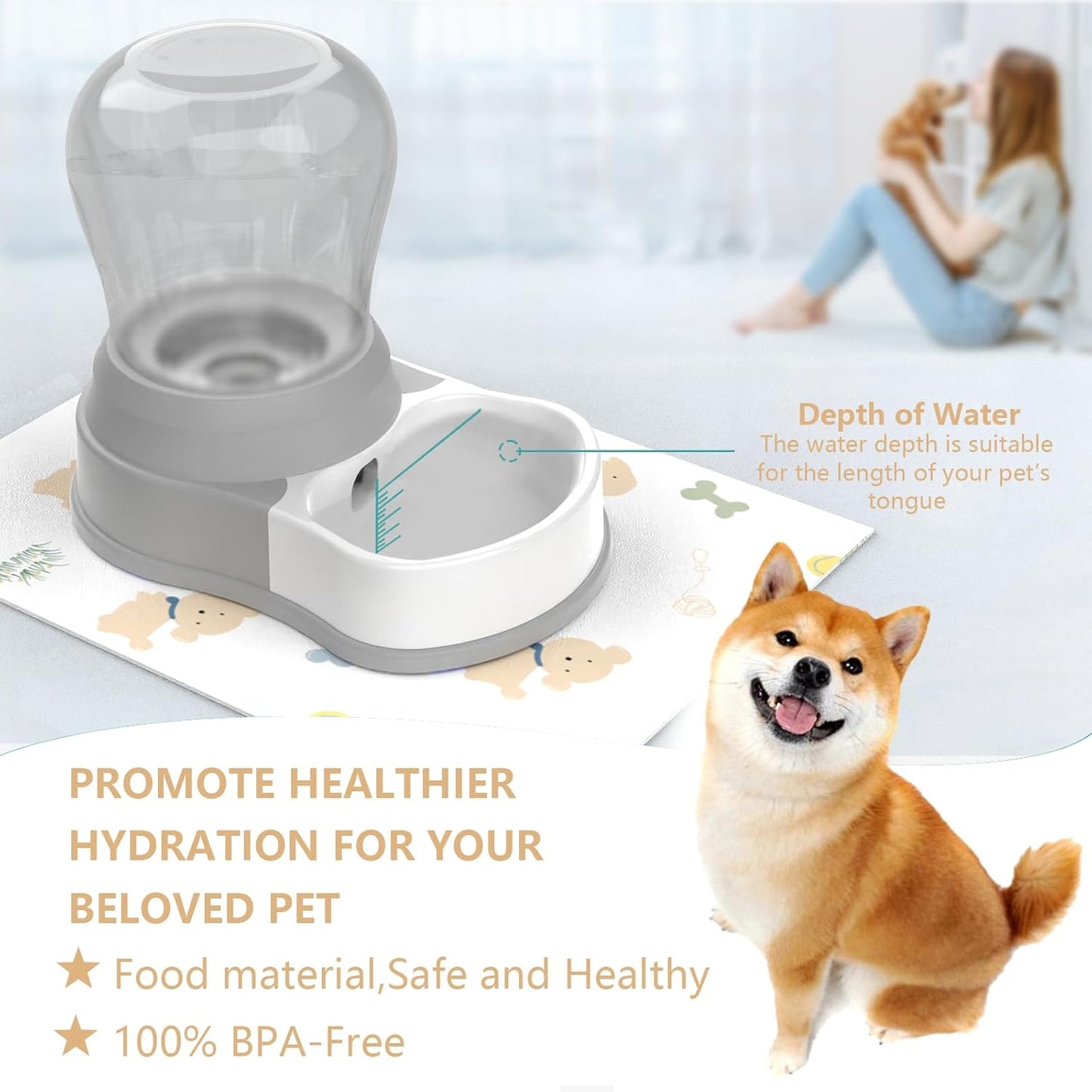 1 Gallon Automatic Dog Water Bowl Dispenser - Staltwo Premium Pet Water Dispenser with Non-Slip Mat,Large Capacity Water Feeder for Cats and Dogs, BPA-Free,1 Gallon Grey