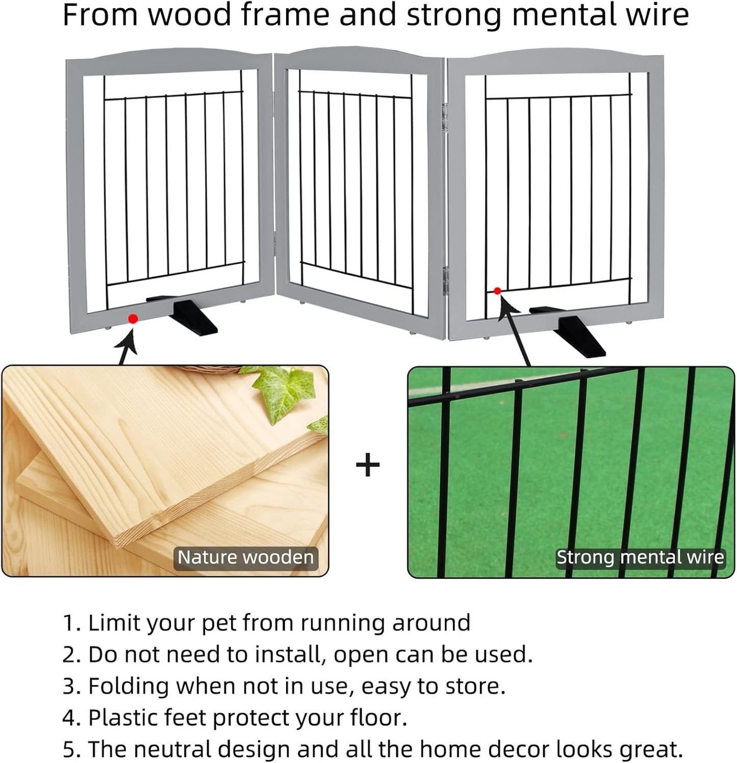 ZJSF Freestanding Dog Fence Indoor, Foldable Dog Gate for Doorways, Stairs or Hallways, Sturdy Wood Extra Wide Pet Gate with Support Feet for The House, Grey, 32 "Height-3 Panels