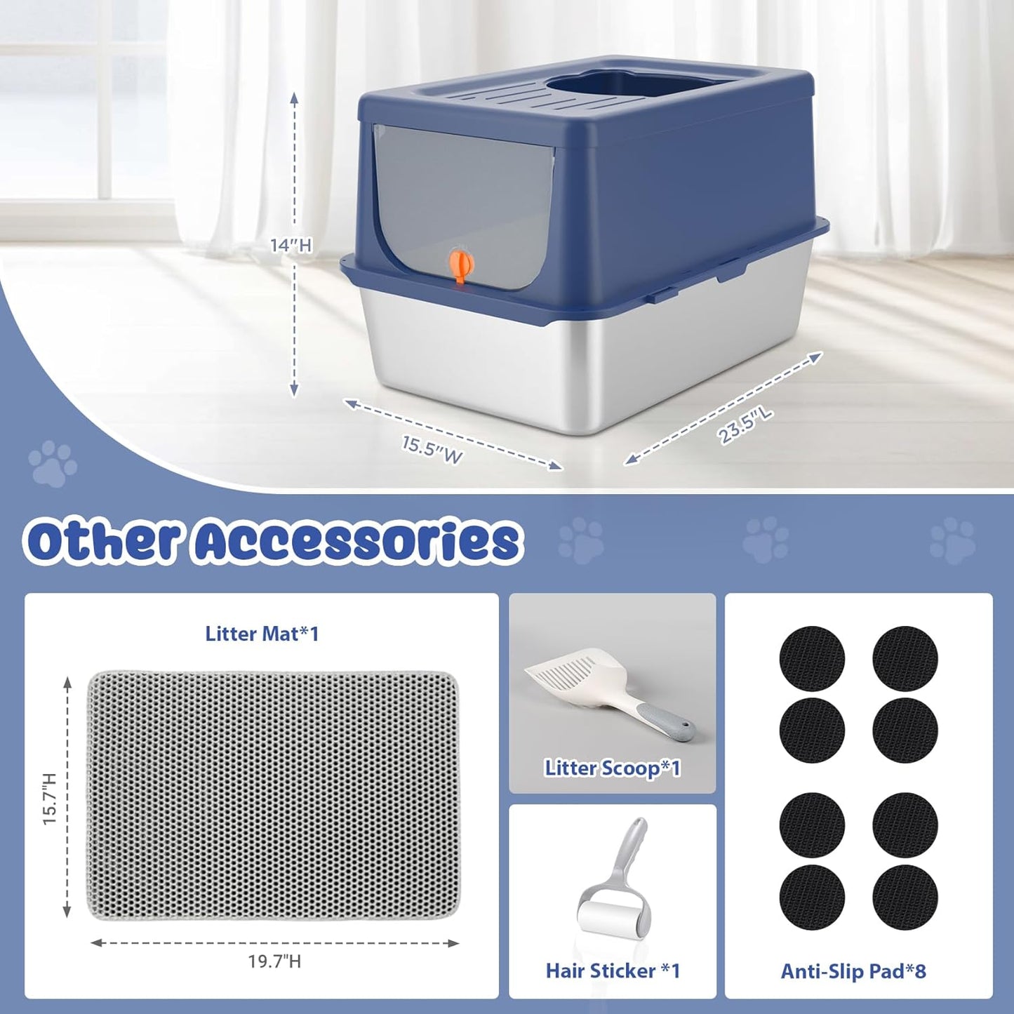 Litter Box with Lid, Stainless Steel Litter Box XL, 14" H Metal Cat Box with High Sides Wall Enclosure, Cat Pan, Non-Sticky, Easy Clean, Anti-Leakage, Blue