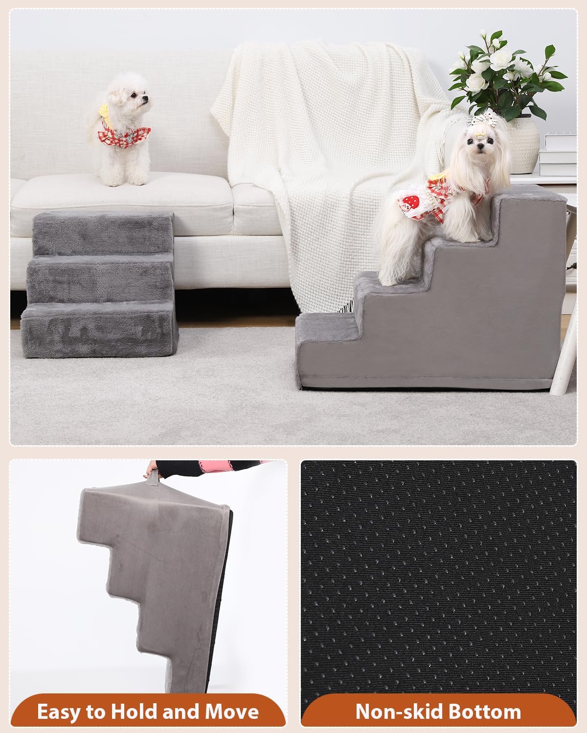 Dog Stairs for Small Dogs,22" 5-Step Pet Stairs for High Beds and Couches,Dog Steps with Non-Slip Bottom and High-Density Foam Indoor Outdoor,Grey